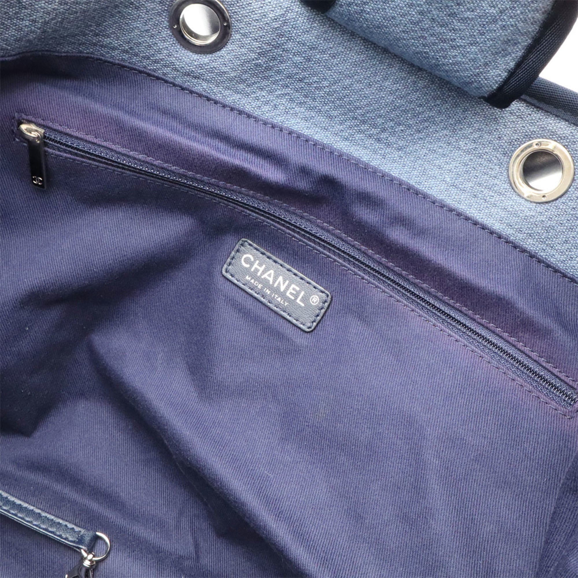 Chanel Blue Canvas Leather Shoulder Bag Tote Bag (Pre-Owned)