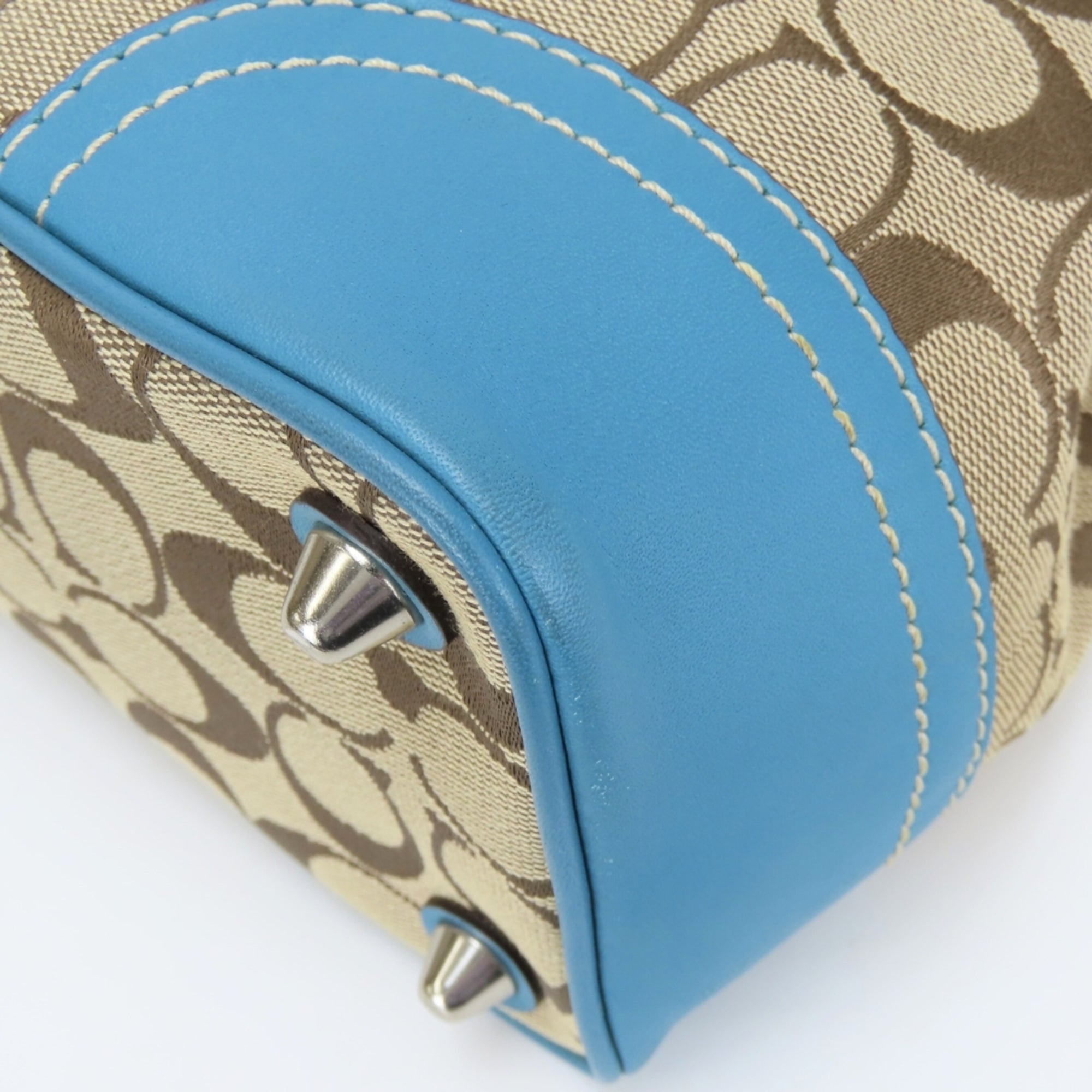 Coach Beige Blue Signature Line Canvas Leather Handbag (Pre-Owned)