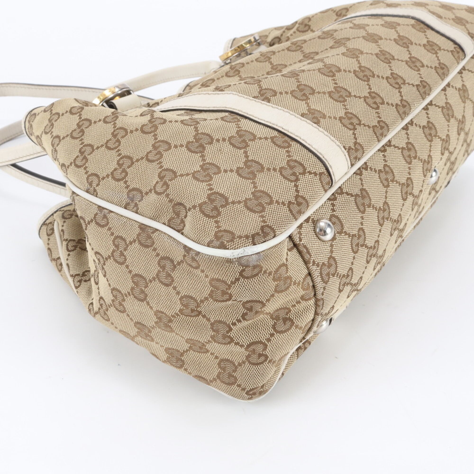 Gucci Beige Ivory Leather Canvas Handbag Tote Bag (Pre-Owned)