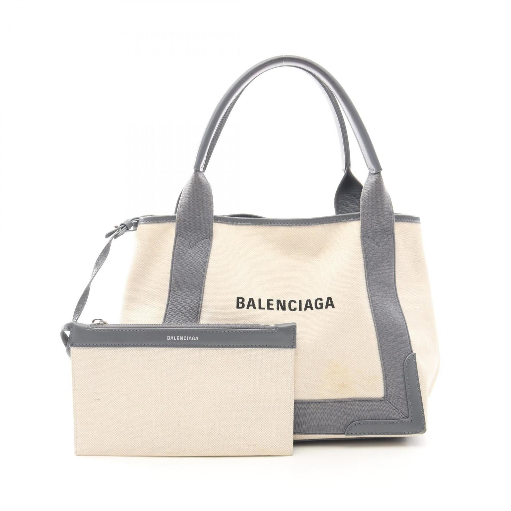 Balenciaga Gray Navy White Canvas Leather Handbag Tote Bag (Pre-Owned)