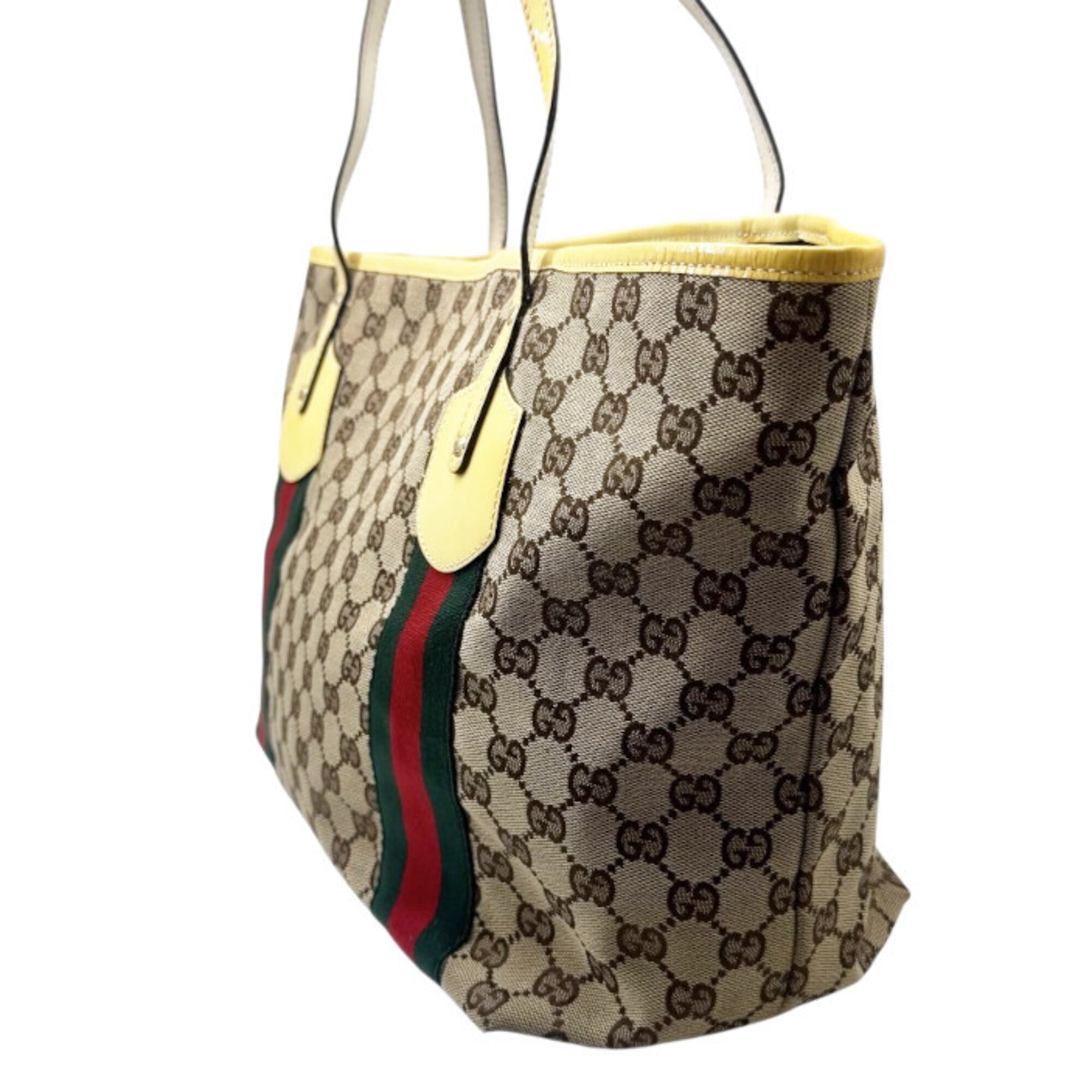 Gucci Beige Yellow Gg Canvas Patent Leather Tote Bag (Pre-Owned)