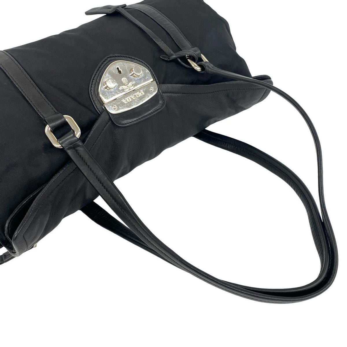 Prada Black Nylon Leather Shoulder Bag Tote Bag (Pre-Owned)