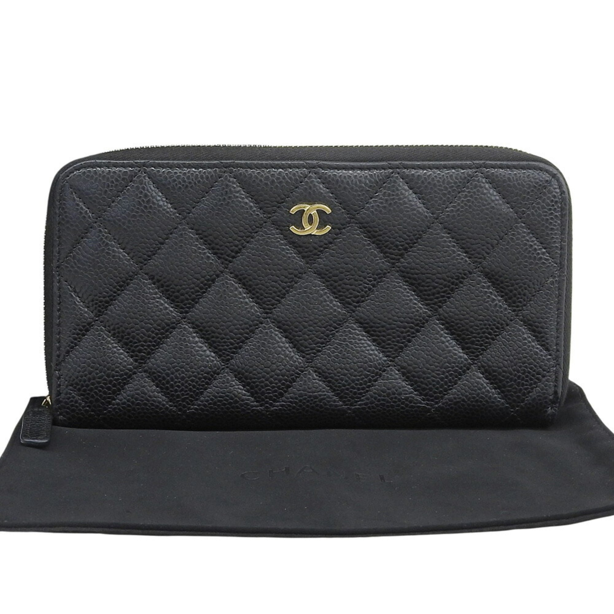 Chanel Black Grained Calfskin Long Wallet (Bi-Fold) (Pre-Owned)