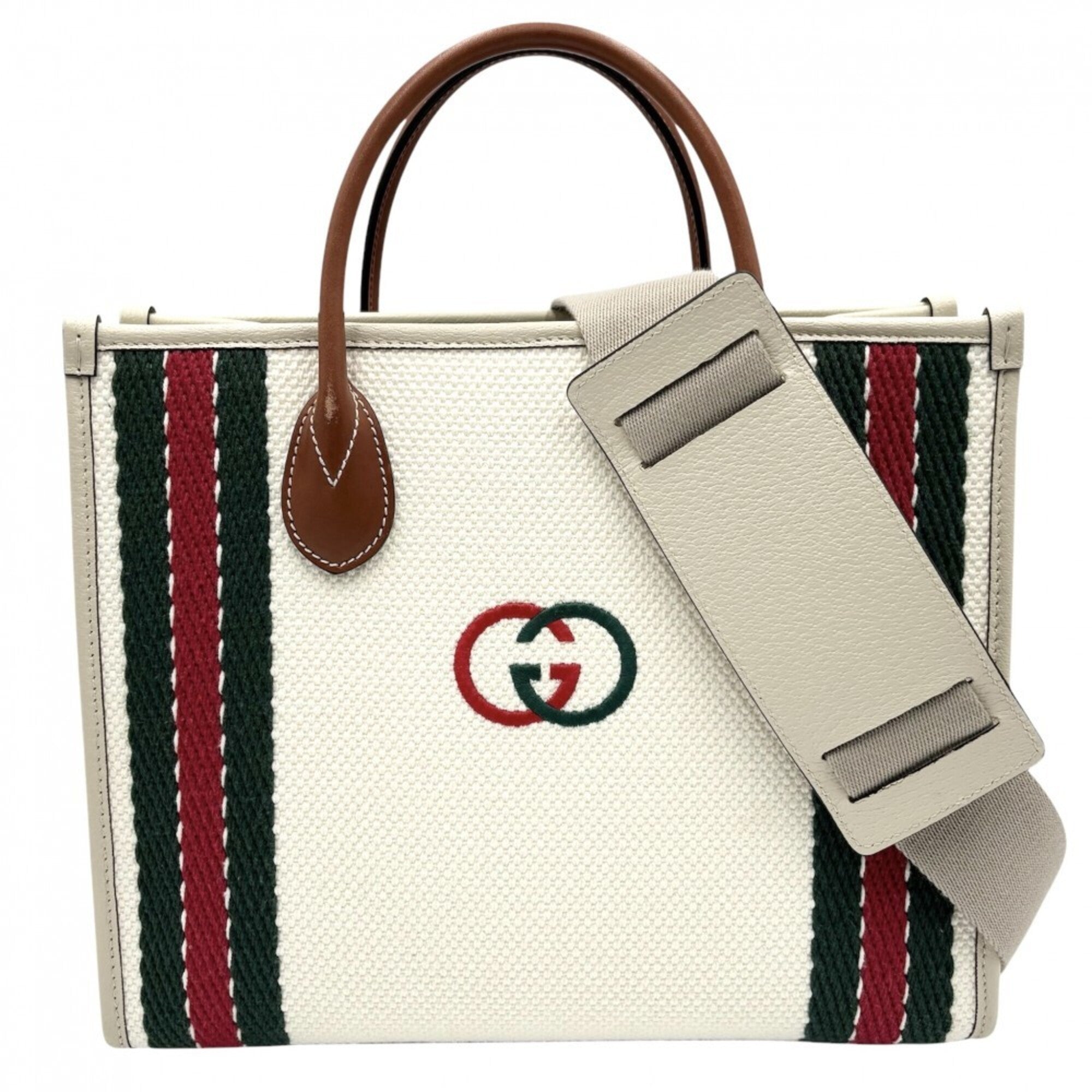 Gucci Ivory Canvas Leather Handbag Shoulder Bag Tote Bag (Pre-Owned)