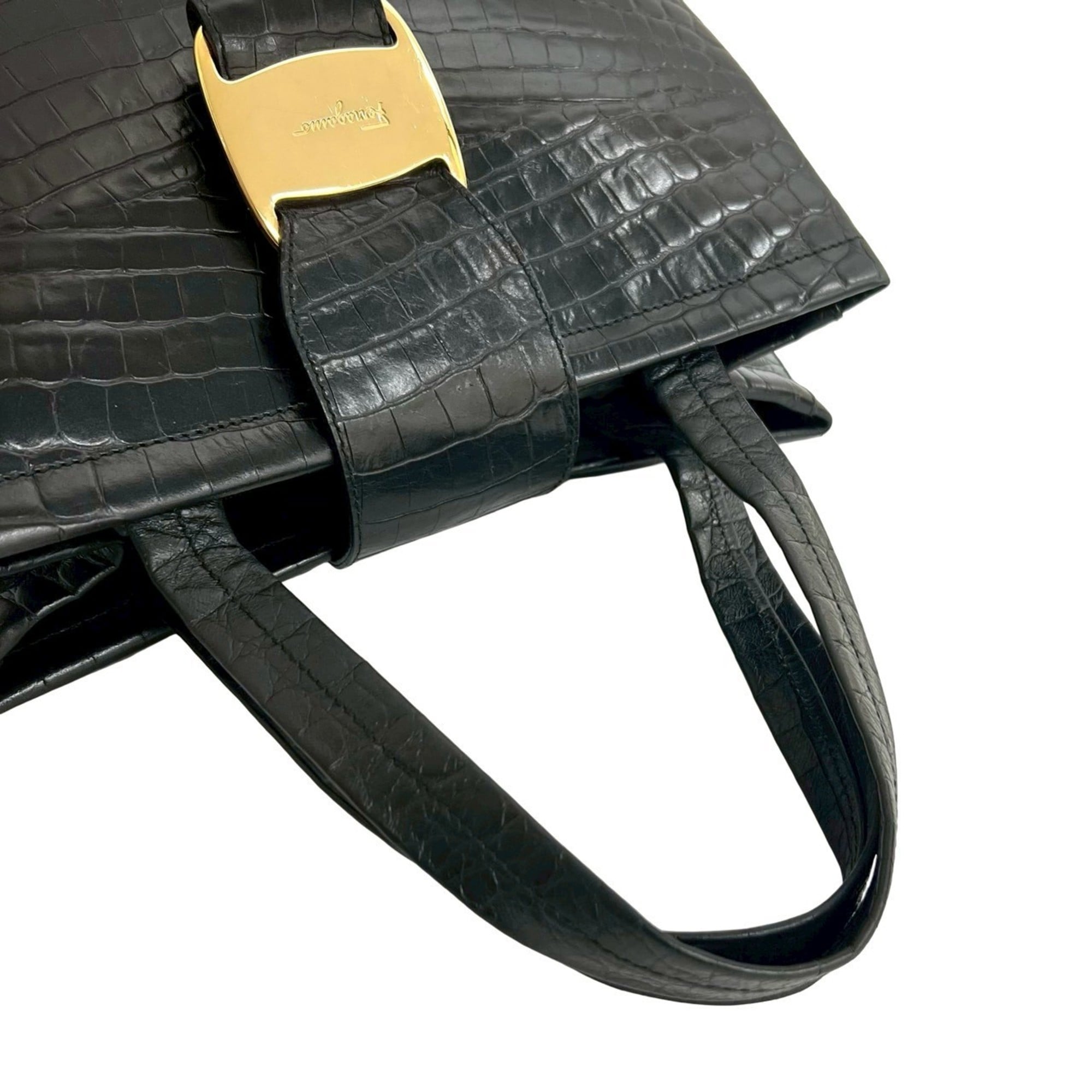 Salvatore Ferragamo Black Leather Handbag Tote Bag (Pre-Owned)