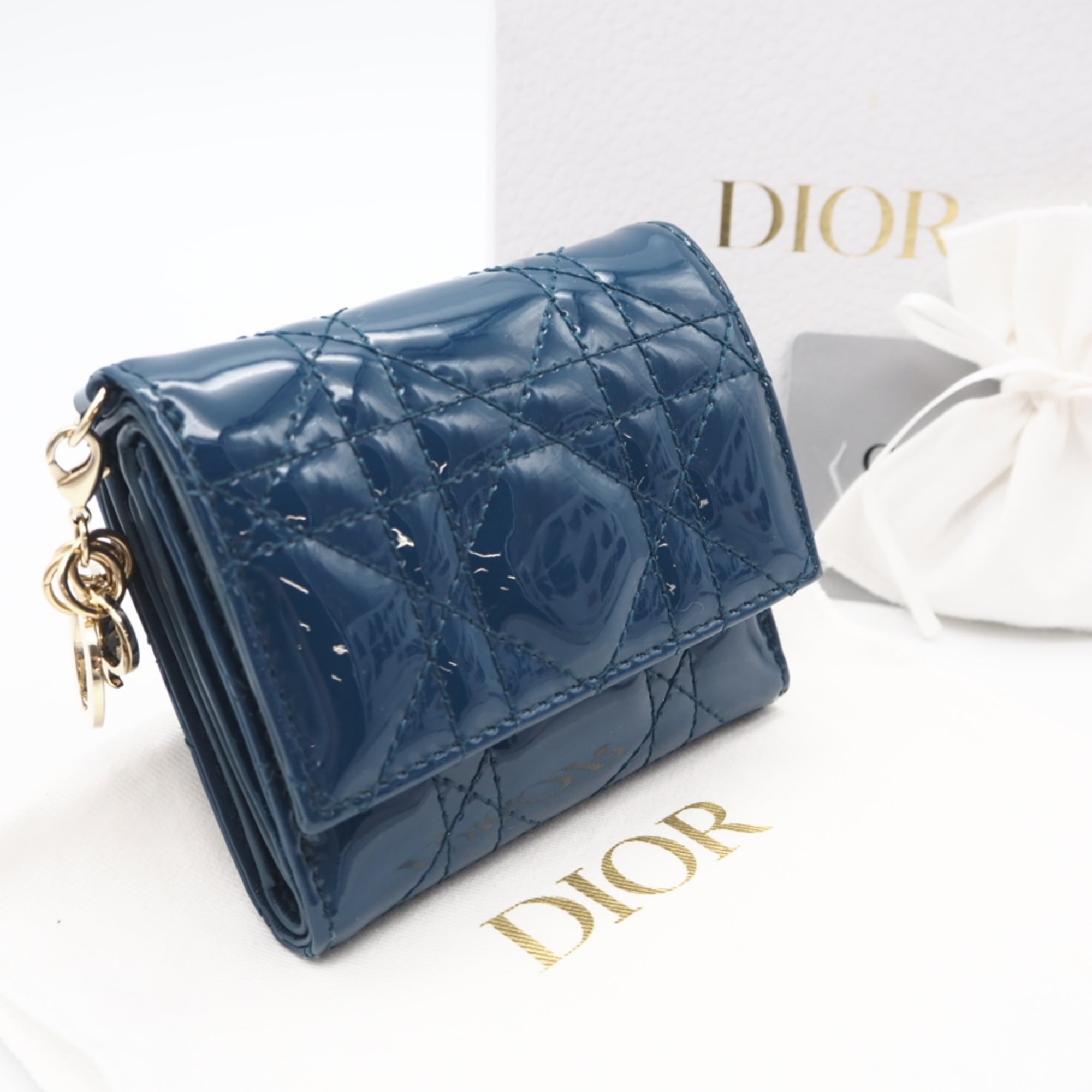 Christian Dior Lady Dior Blue Patent Leather Wallet (Tri-Fold) (Pre-Owned)