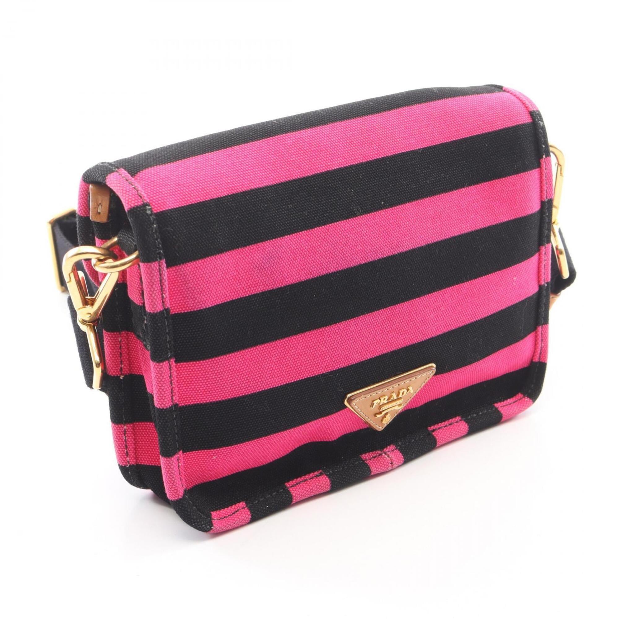 Prada Black Brown Pink Canvas Leather Handbag Shoulder Bag (Pre-Owned)