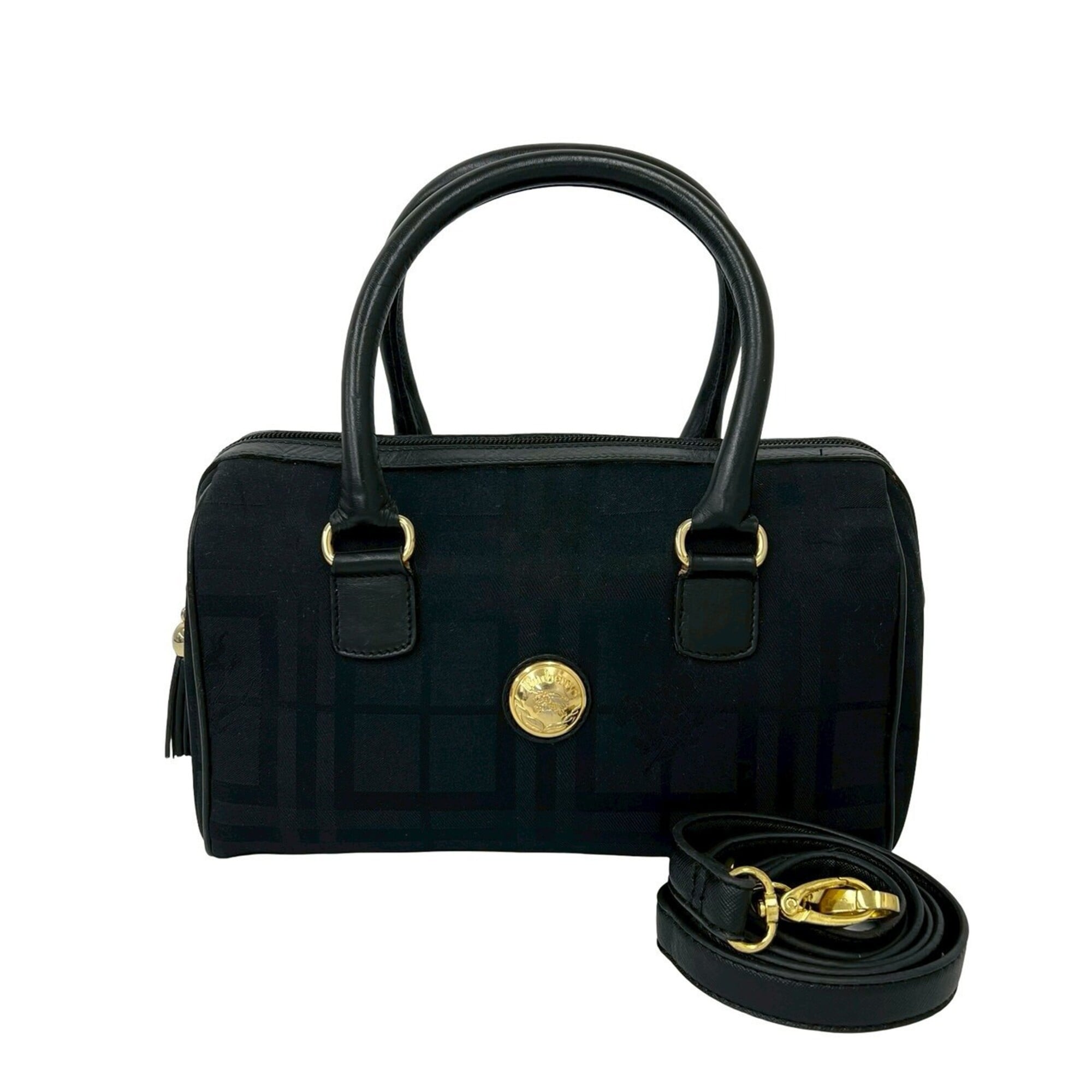 Burberry Black Leather Canvas Handbag Shoulder Bag (Pre-Owned)
