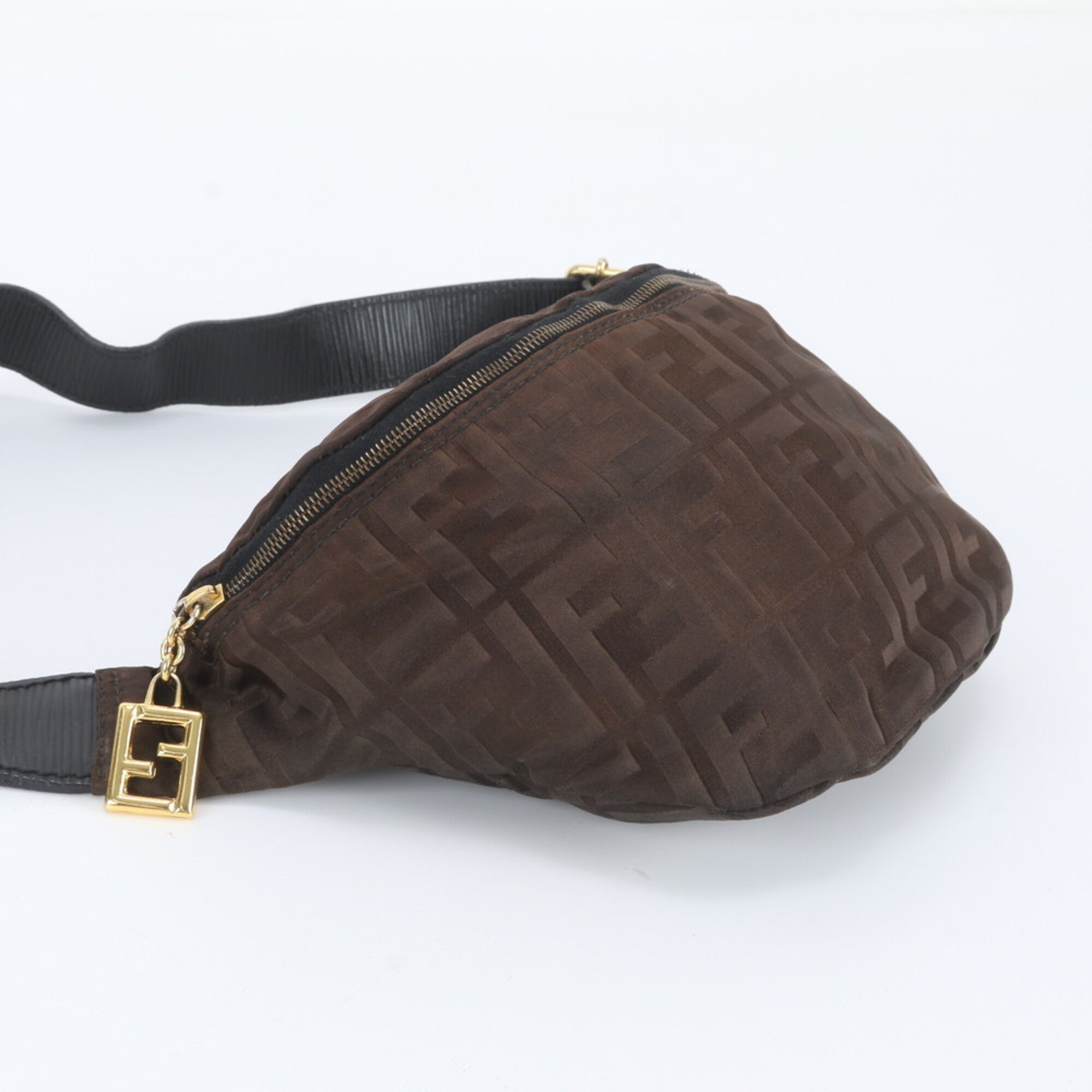 Fendi Brown Leather Nylon Pouch Shoulder Bag Sling Bag (Pre-Owned)