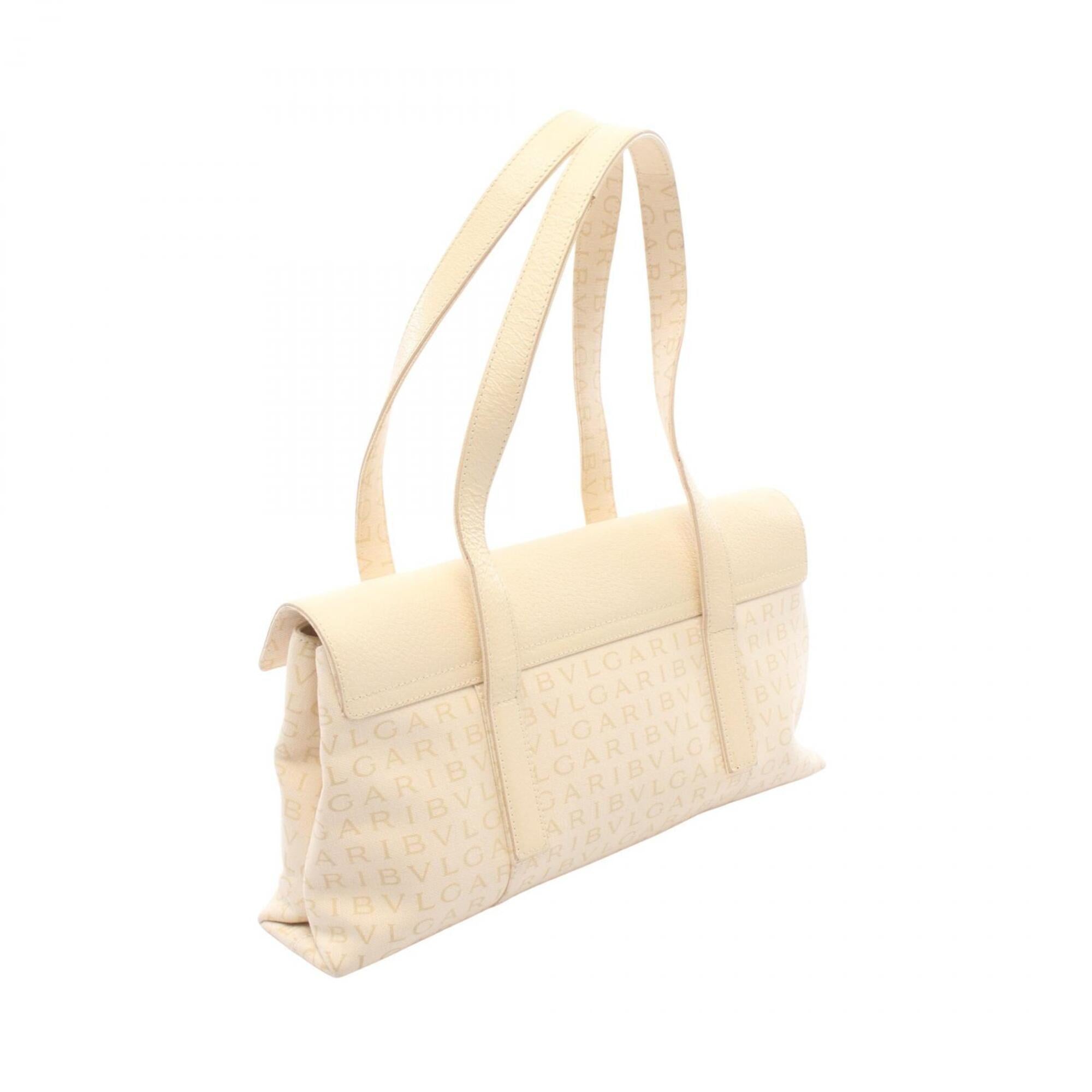 Bvlgari Logomania Beige Ivory Canvas Leather Handbag (Pre-Owned)