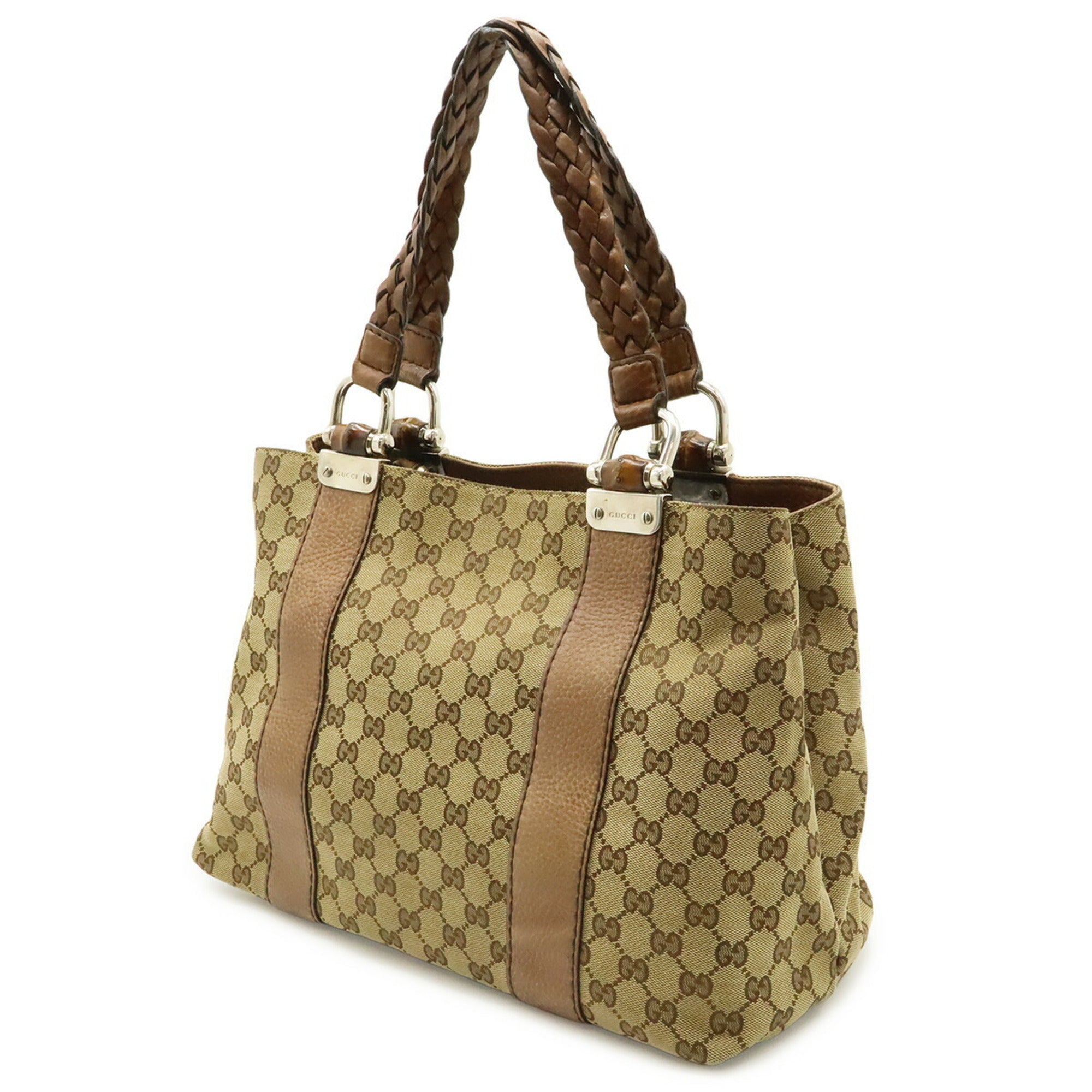 Gucci Beige Brown Canvas Leather Shoulder Bag Tote Bag (Pre-Owned)