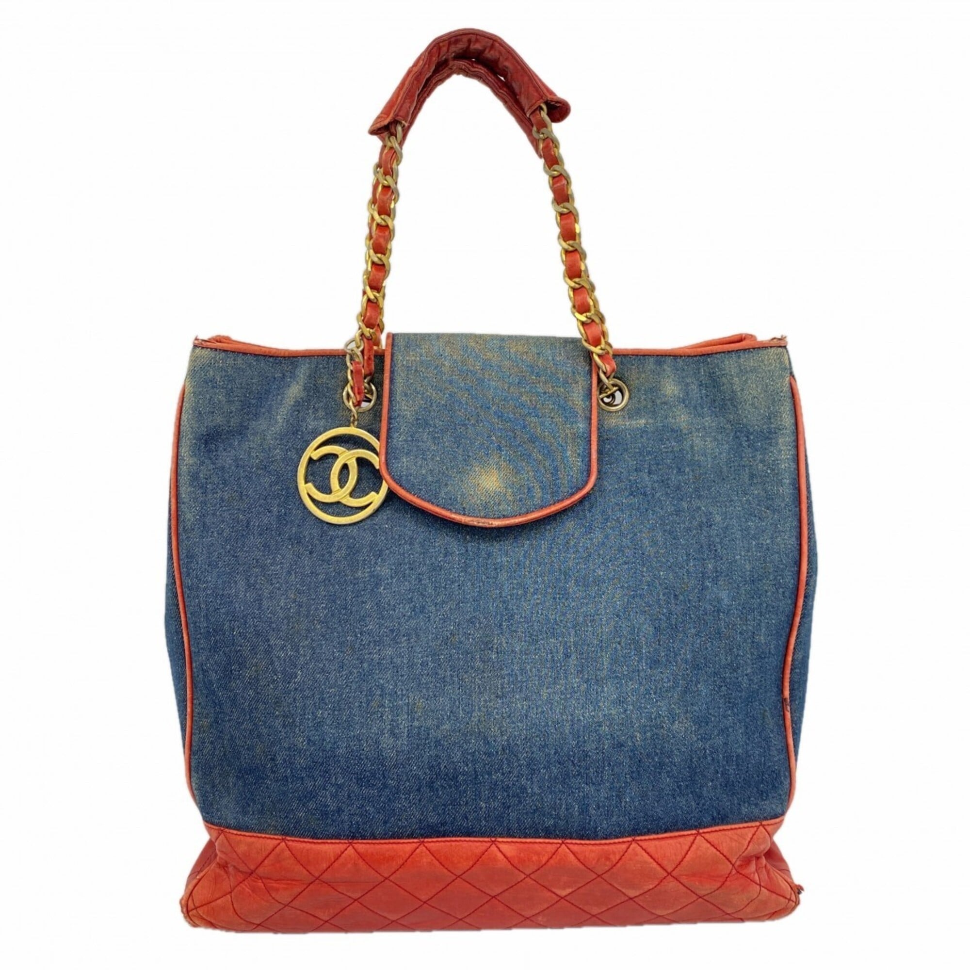 Chanel Blue Red Color Leather Denim Tote Bag (Pre-Owned)