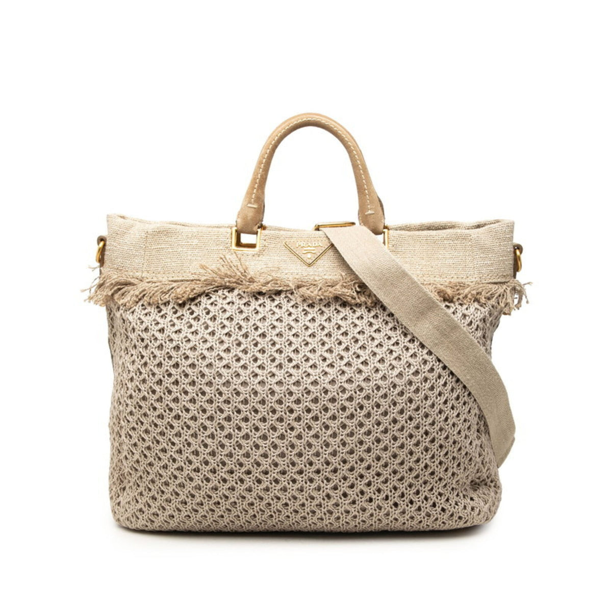 Prada Beige Cotton Linen Suede Shoulder Bag Tote Bag (Pre-Owned)