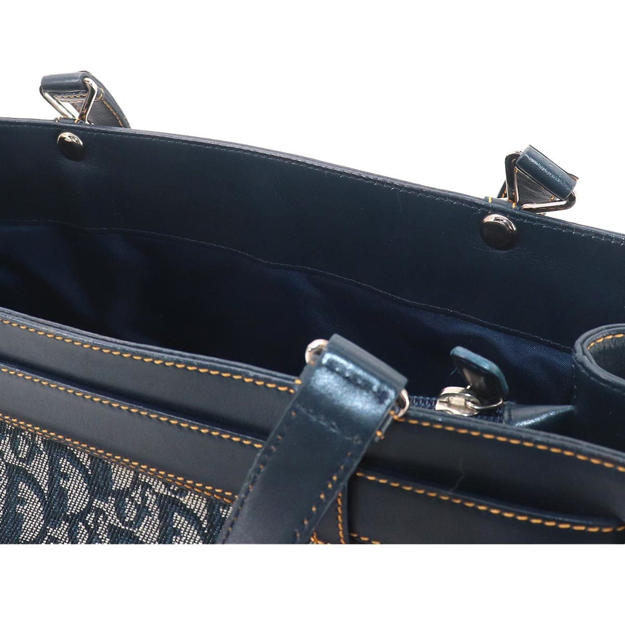 Christian Dior Navy Leather Canvas Handbag Tote Bag (Pre-Owned)