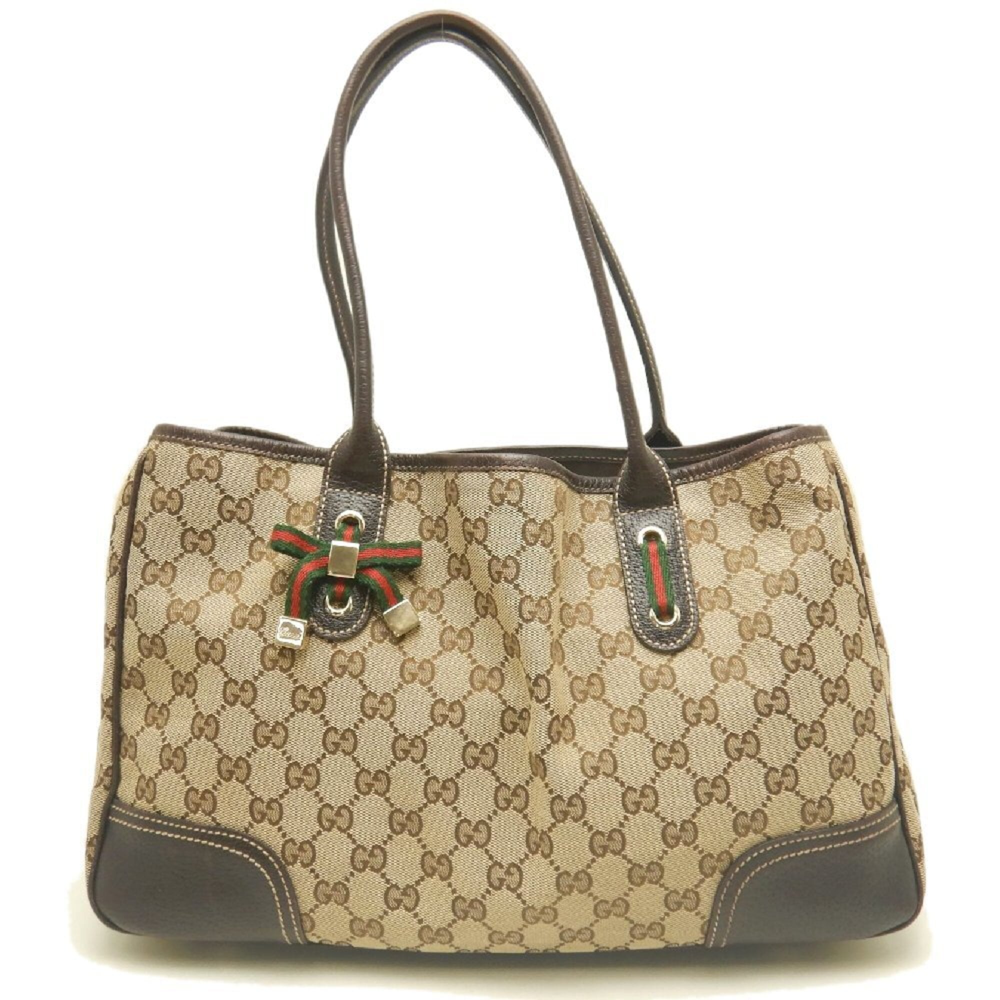 Gucci Gg Canvas Beige Brown Gg Canvas Leather Tote Bag (Pre-Owned)