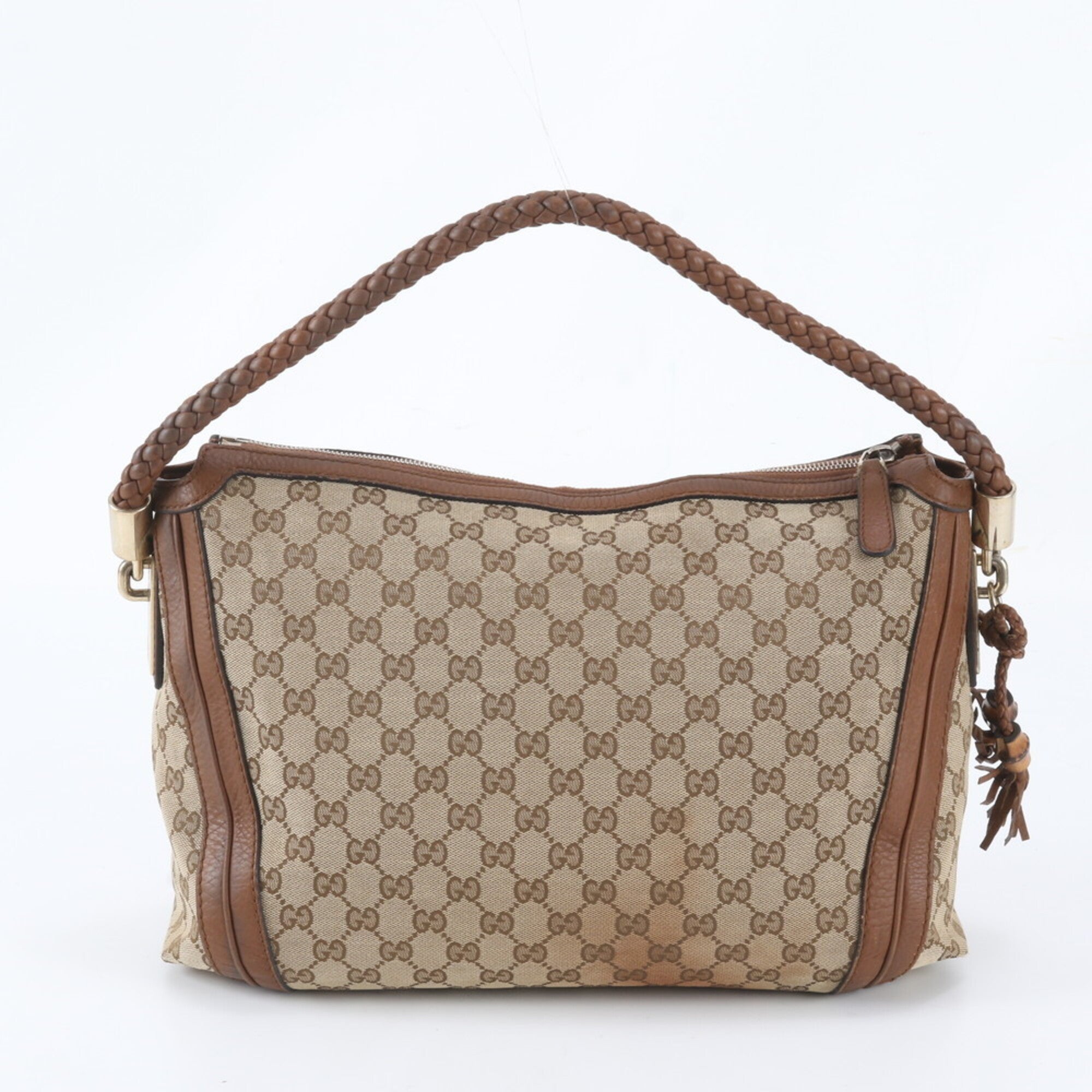 Gucci Brown Leather Canvas Handbag Shoulder Bag (Pre-Owned)