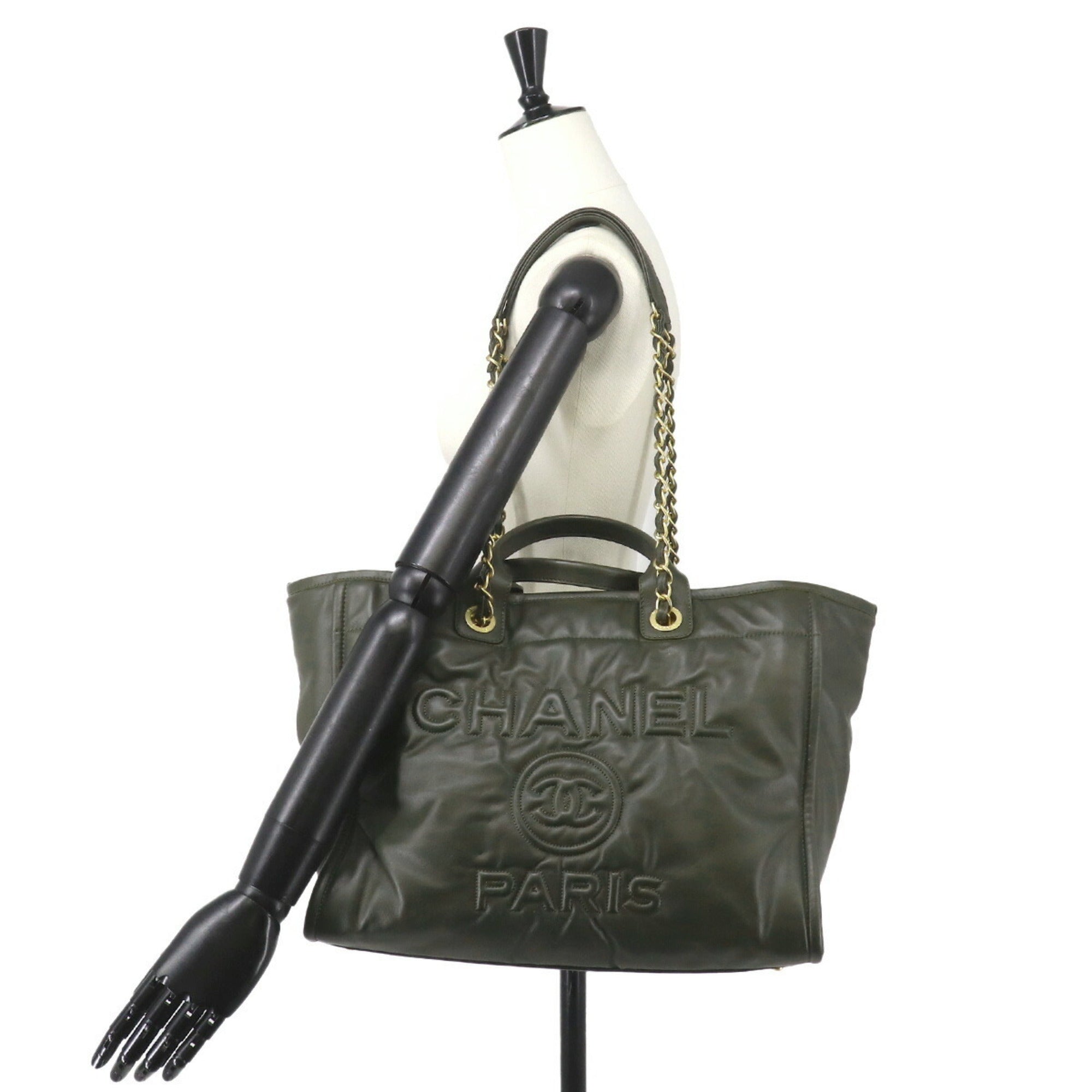 Chanel Khaki Leather Handbag Pouch Tote Bag (Pre-Owned)