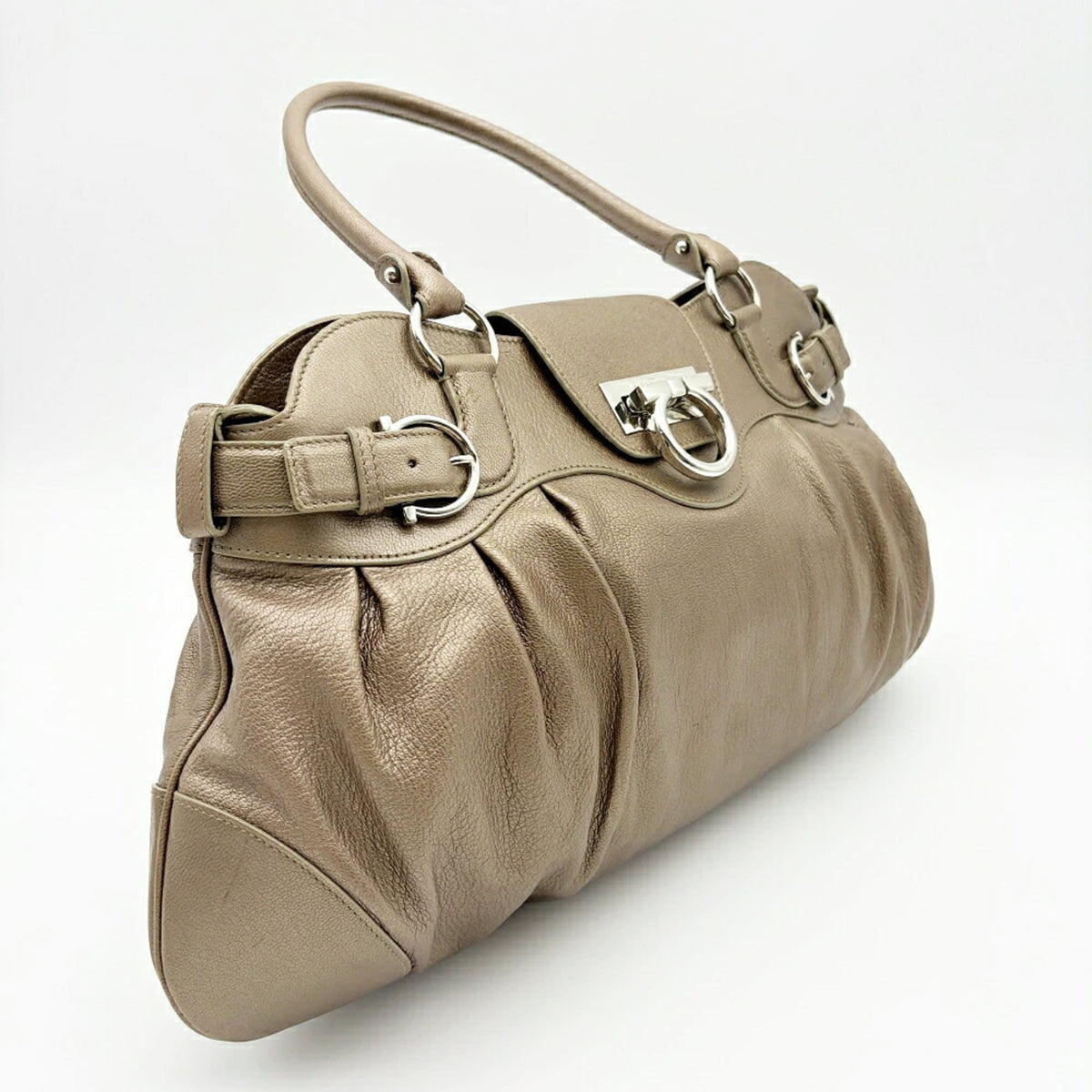 Salvatore Ferragamo Gancini Bronze Leather Handbag (Pre-Owned)