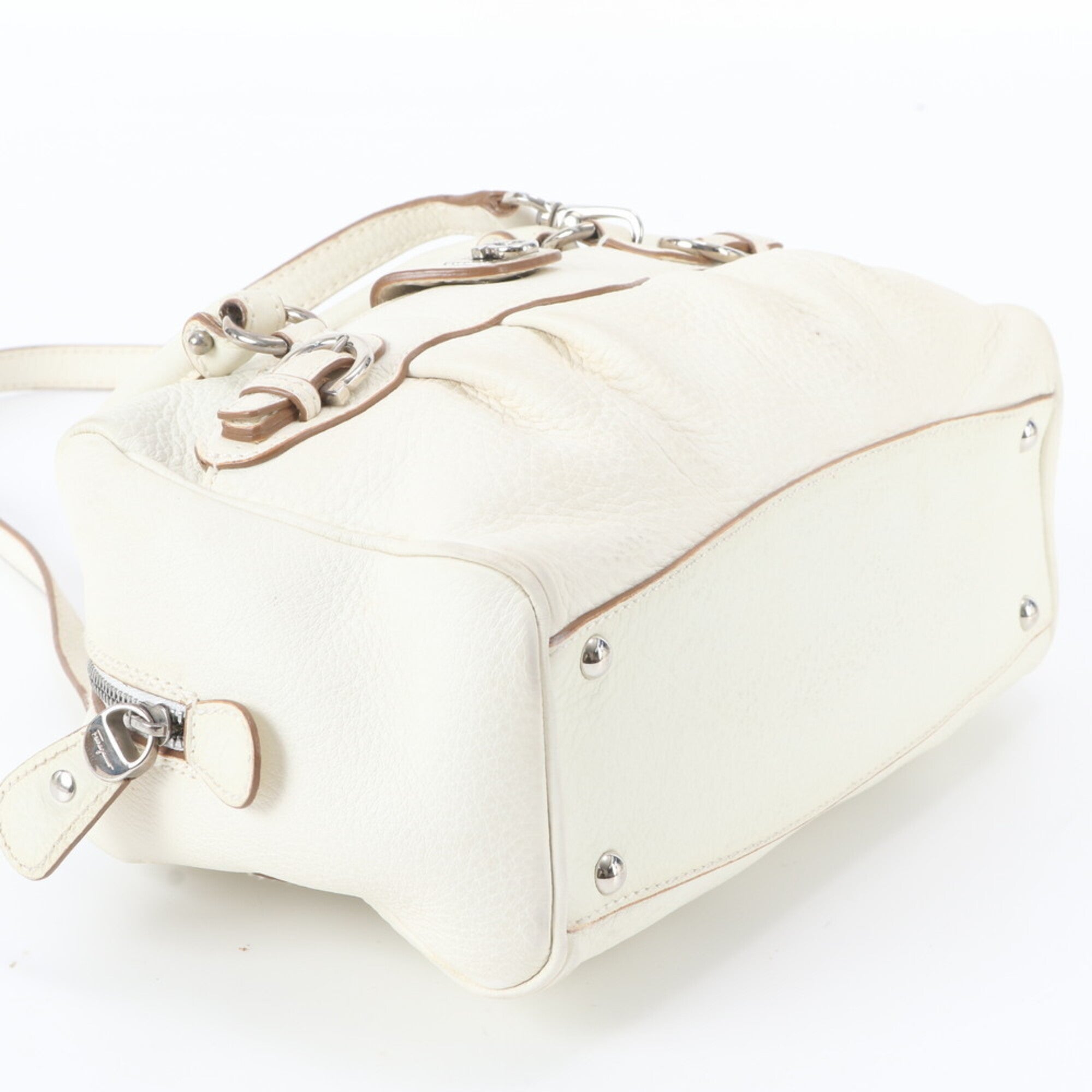 Salvatore Ferragamo White Leather Boston Bag Shoulder Bag Tote Bag (Pre-Owned)