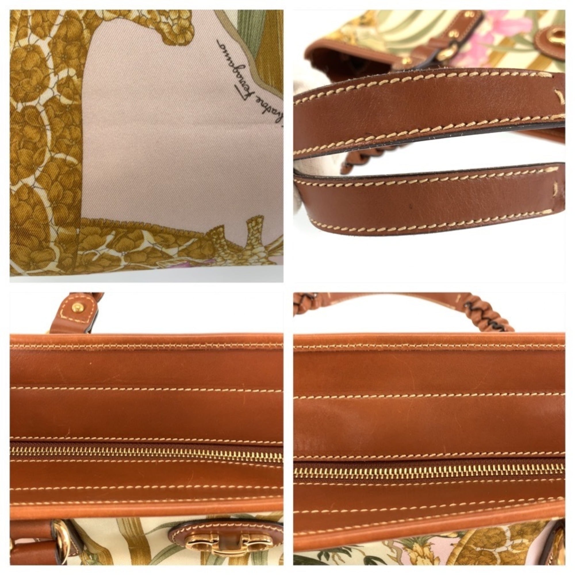 Salvatore Ferragamo Brown Multi-Color Nylon Leather Handbag Tote Bag (Pre-Owned)