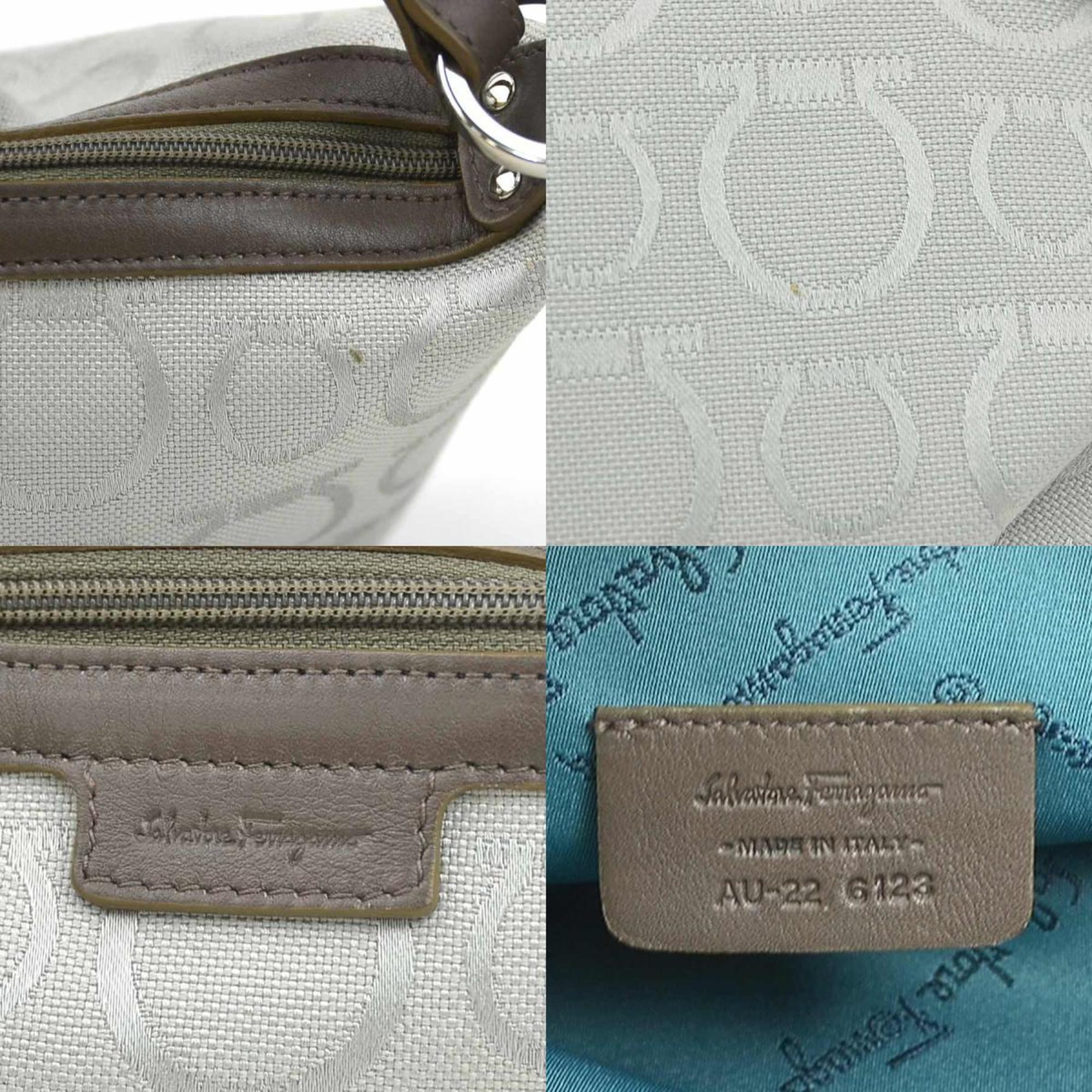 Salvatore Ferragamo Brown Gray Nylon Canvas Leather Handbag (Pre-Owned)