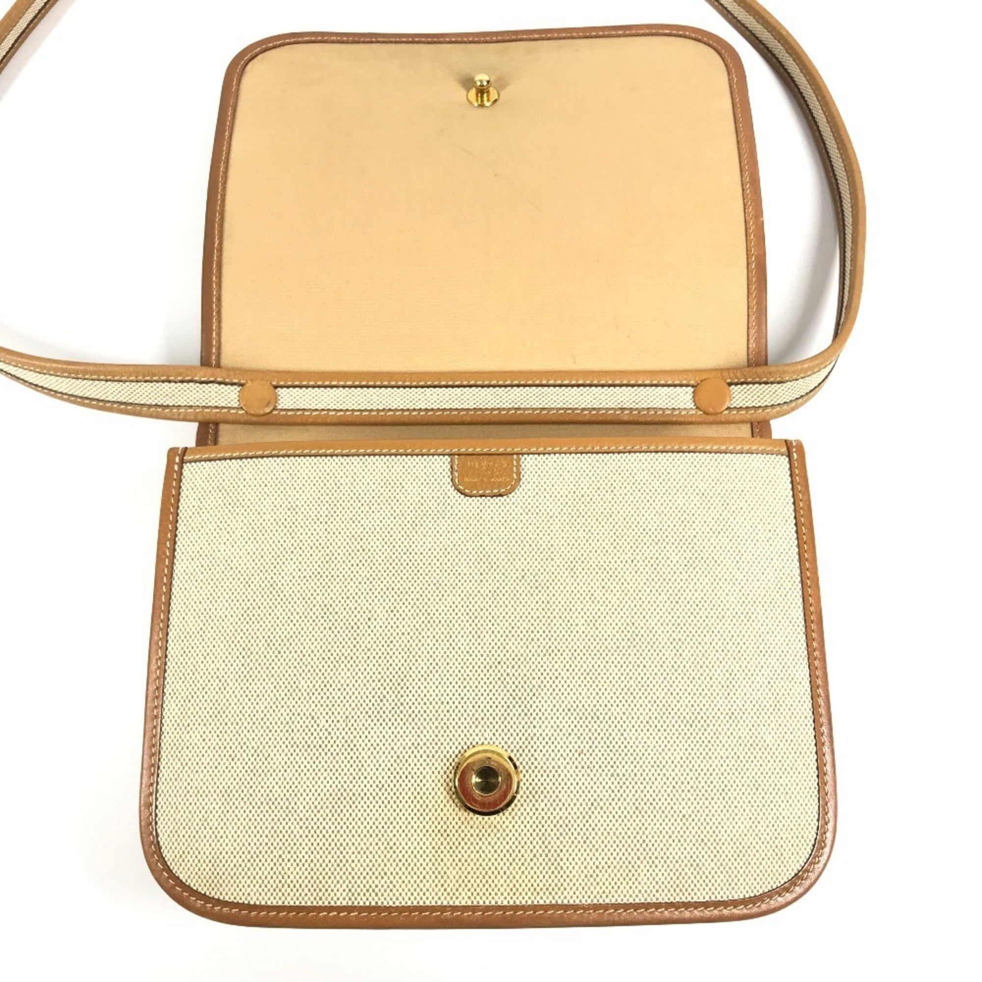Hermes Beige Leather Canvas Handbag Pochette Shoulder Bag (Pre-Owned)