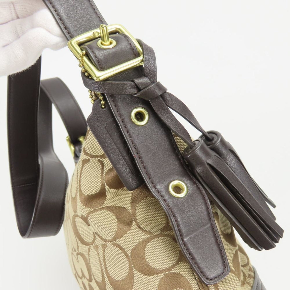Coach Signature Beige Dark Brown Canvas Leather Shoulder Bag (Pre-Owned)