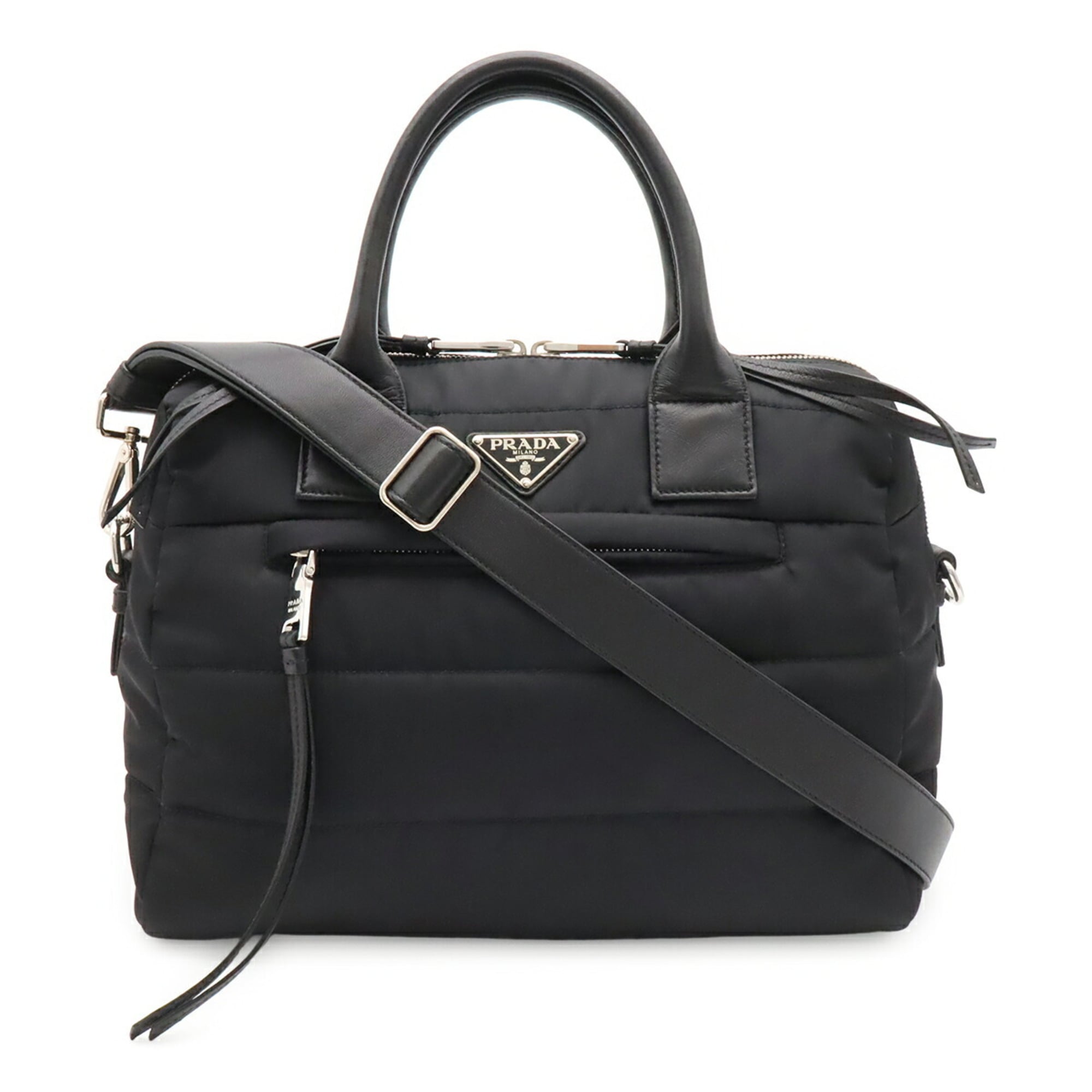 Prada Black Nero Nylon Leather Boston Bag Handbag Shoulder Bag (Pre-Owned)