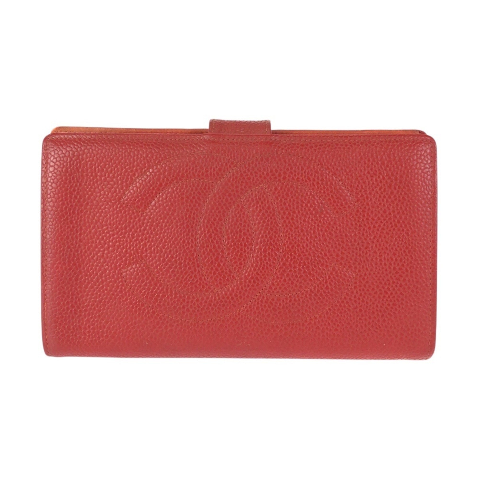 Chanel Red Color Grained Calfskin Middle Wallet (Bi-Fold) (Pre-Owned)