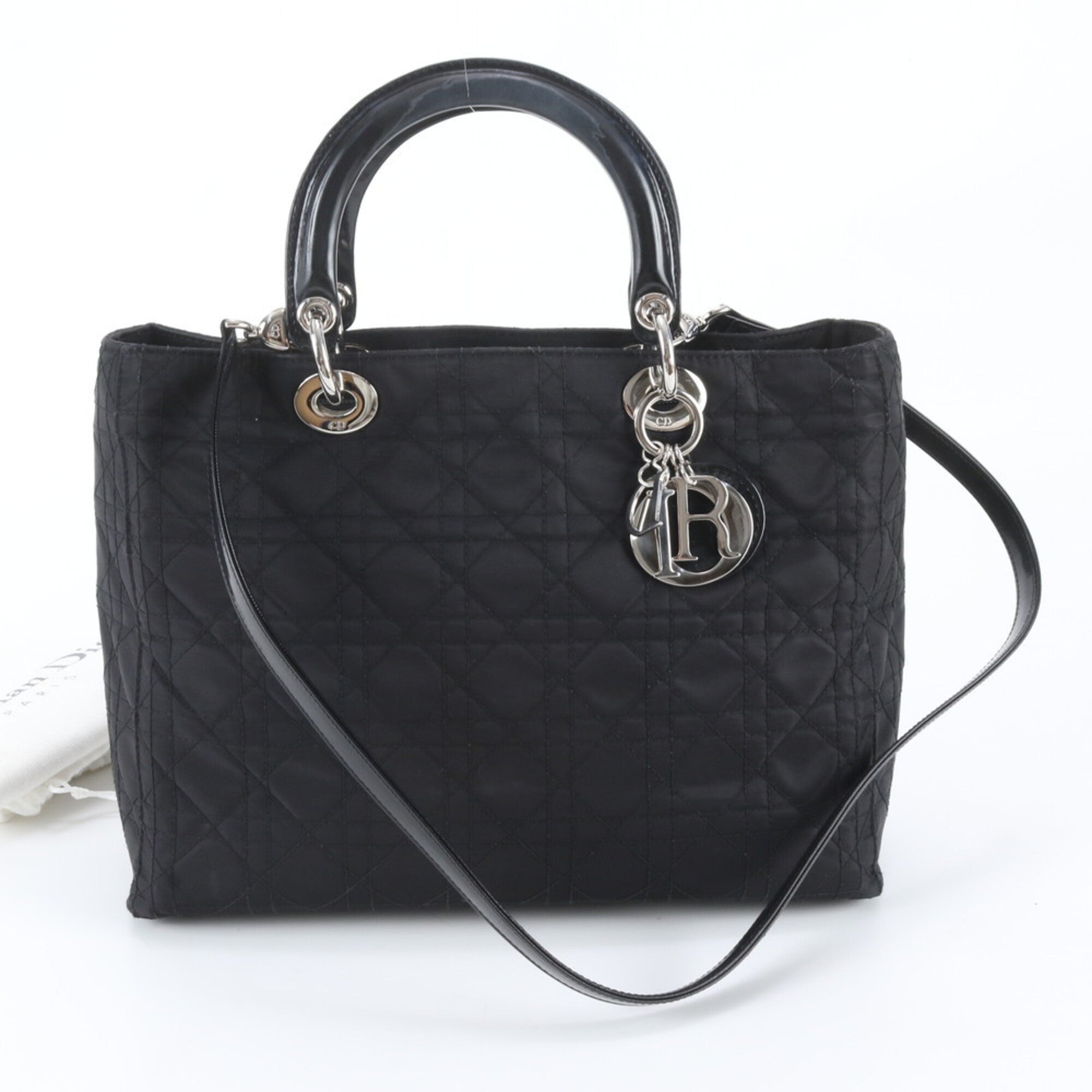 Christian Dior Lady Dior Black Leather Nylon Shoulder Bag (Pre-Owned)