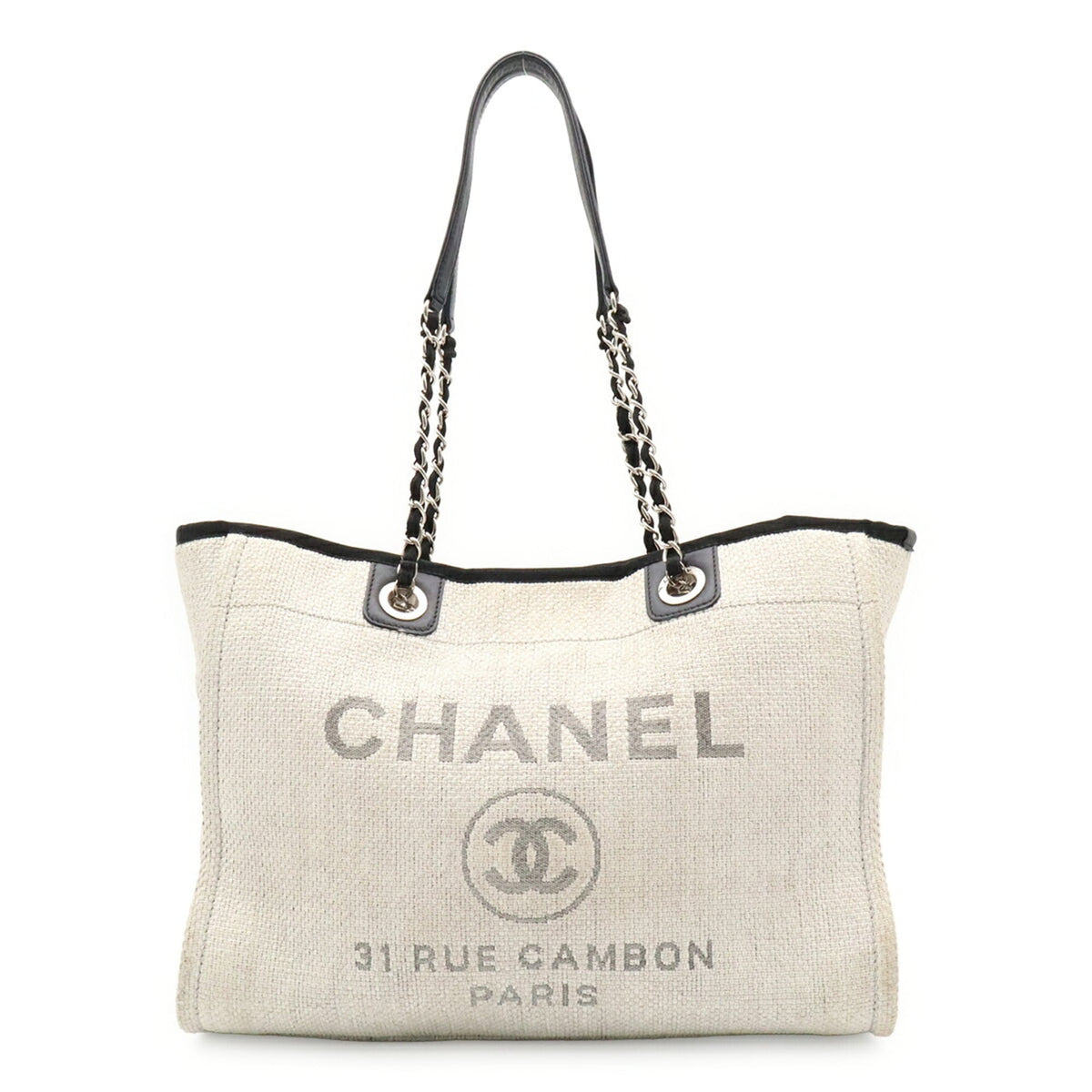 Chanel Black Light Gray White Raffia Shoulder Bag Tote Bag (Pre-Owned)