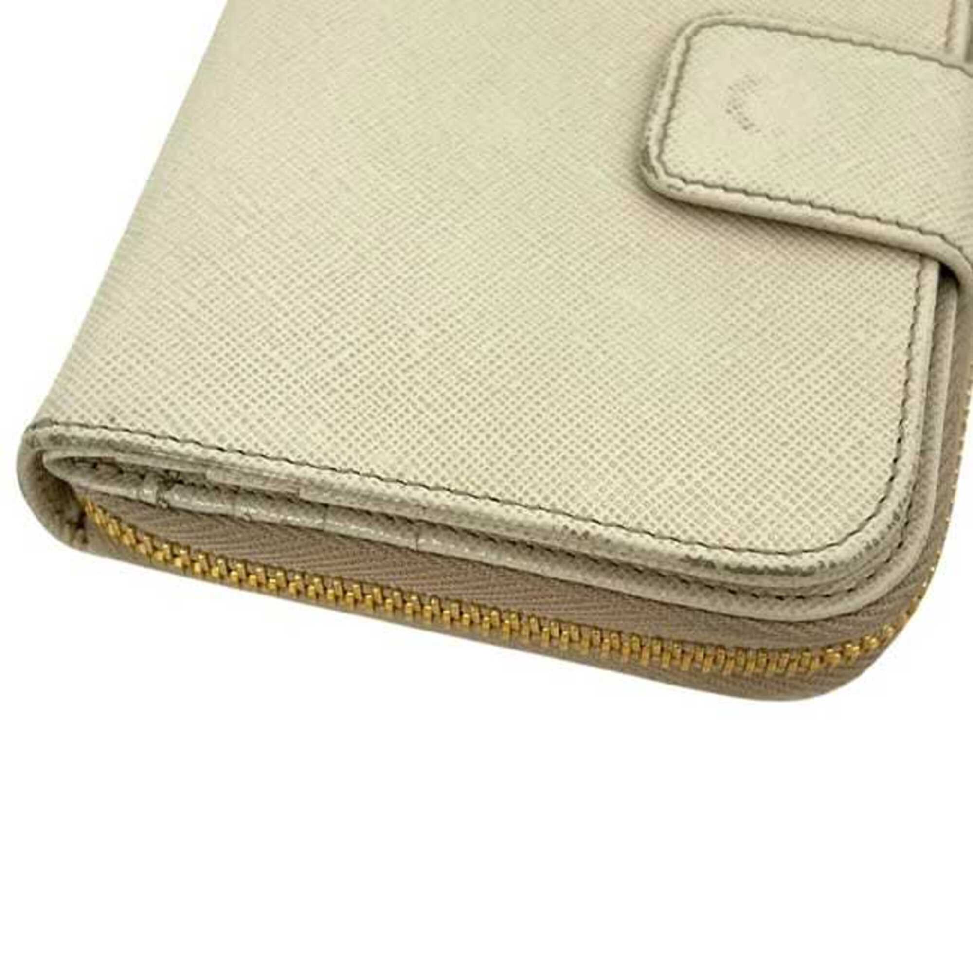 Prada Beige White Saffiano Metal Wallet (Bi-Fold) (Pre-Owned)