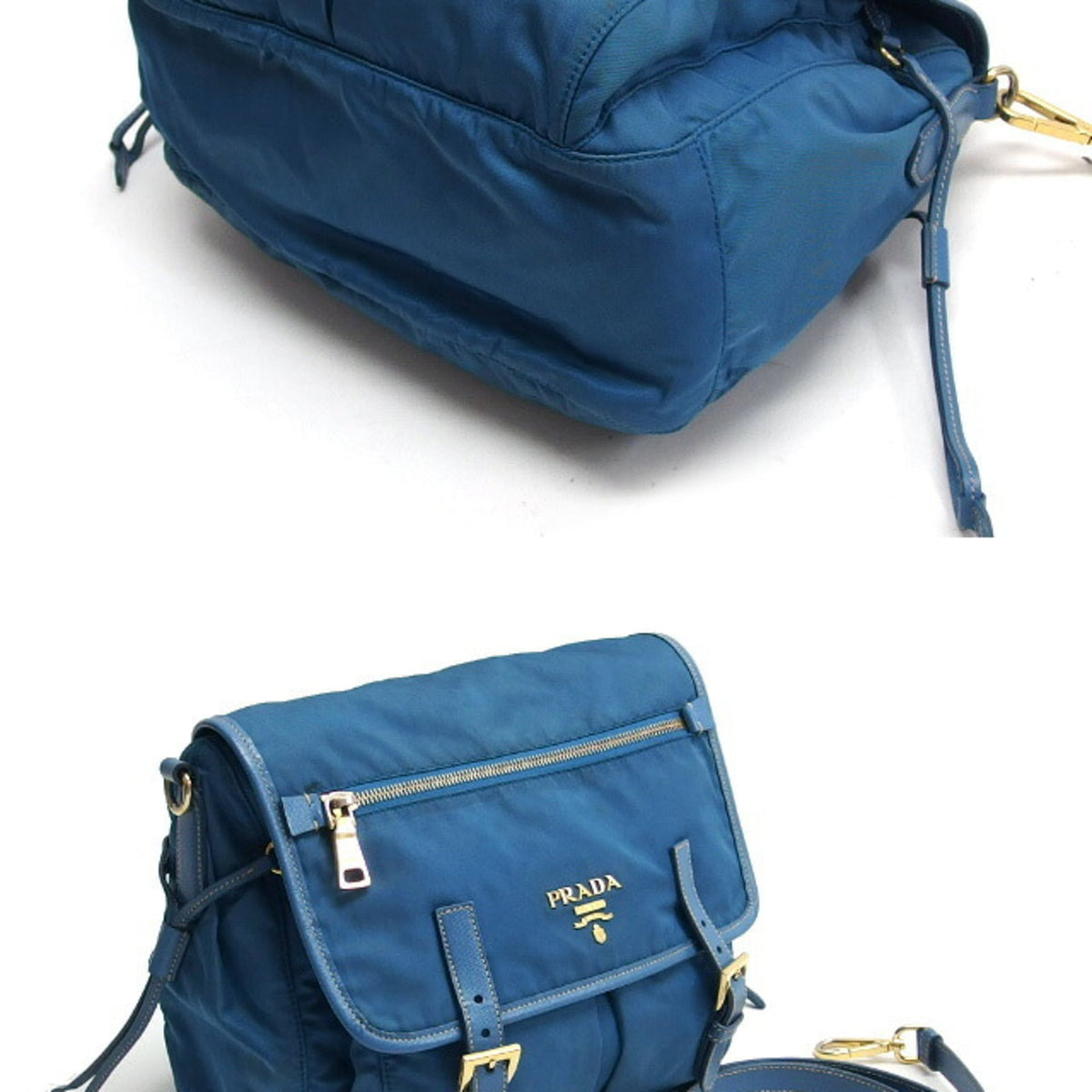 Prada Saffiano Blue Nylon Leather Shoulder Bag (Pre-Owned)