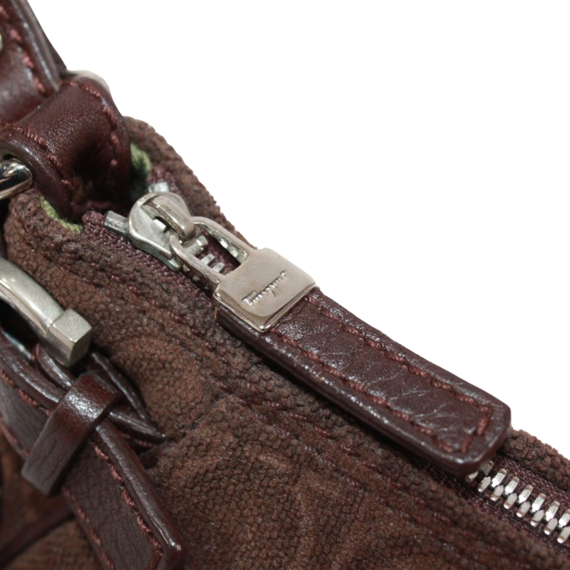 Salvatore Ferragamo Brown Canvas Leather Handbag Pouch (Pre-Owned)