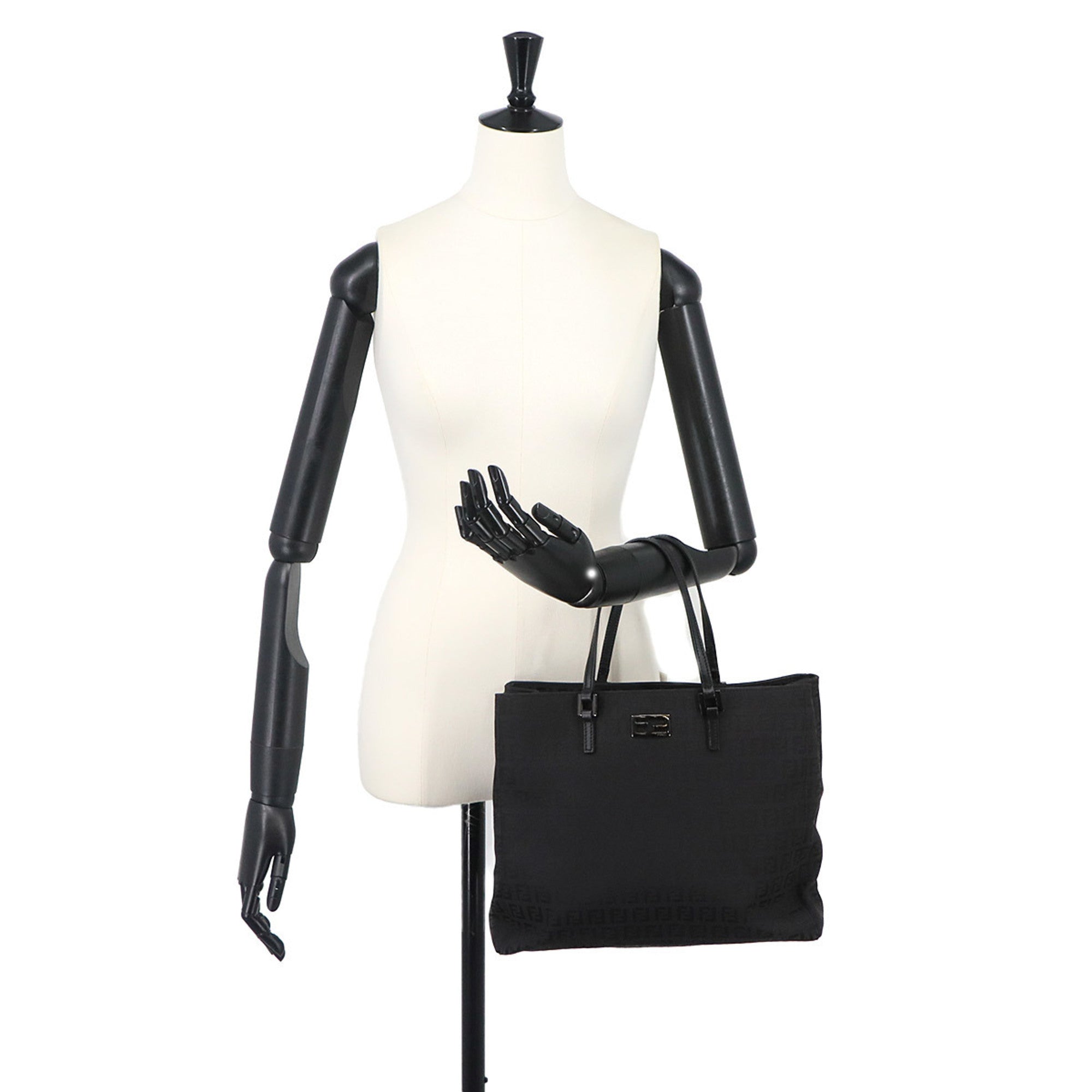 Fendi Zucchino Black Canvas Leather Handbag Tote Bag (Pre-Owned)