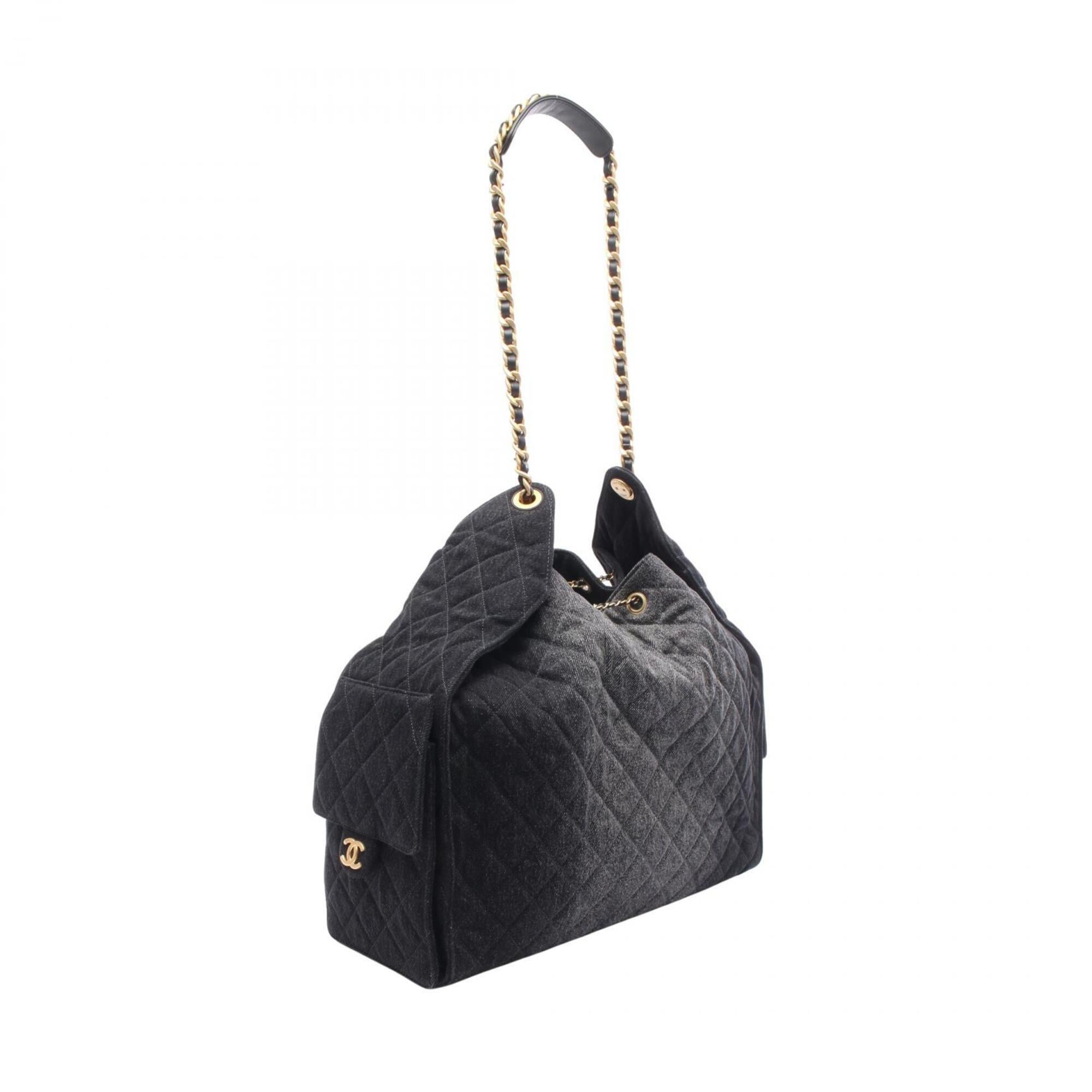 Chanel Black Denim Leather Handbag Shopping Bag Shoulder Bag (Pre-Owned)
