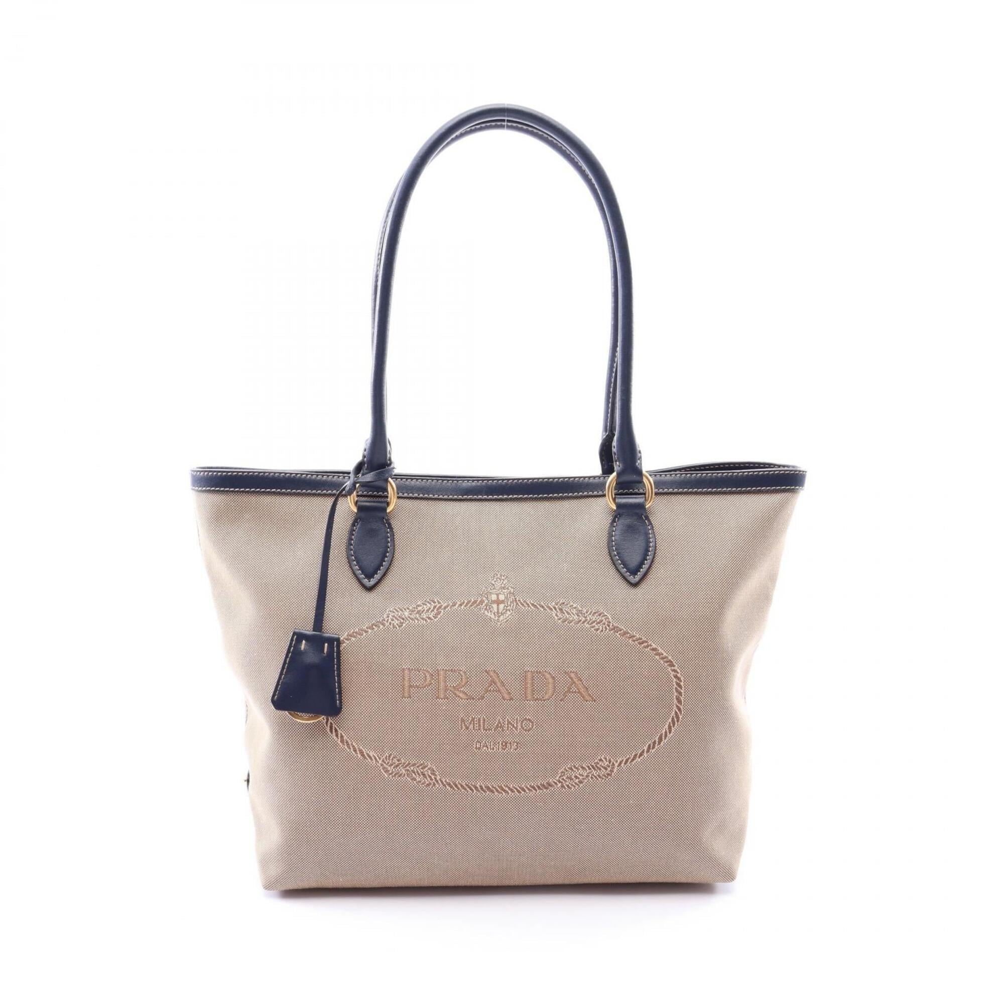Prada Beige Navy Canvas Leather Handbag Tote Bag (Pre-Owned)