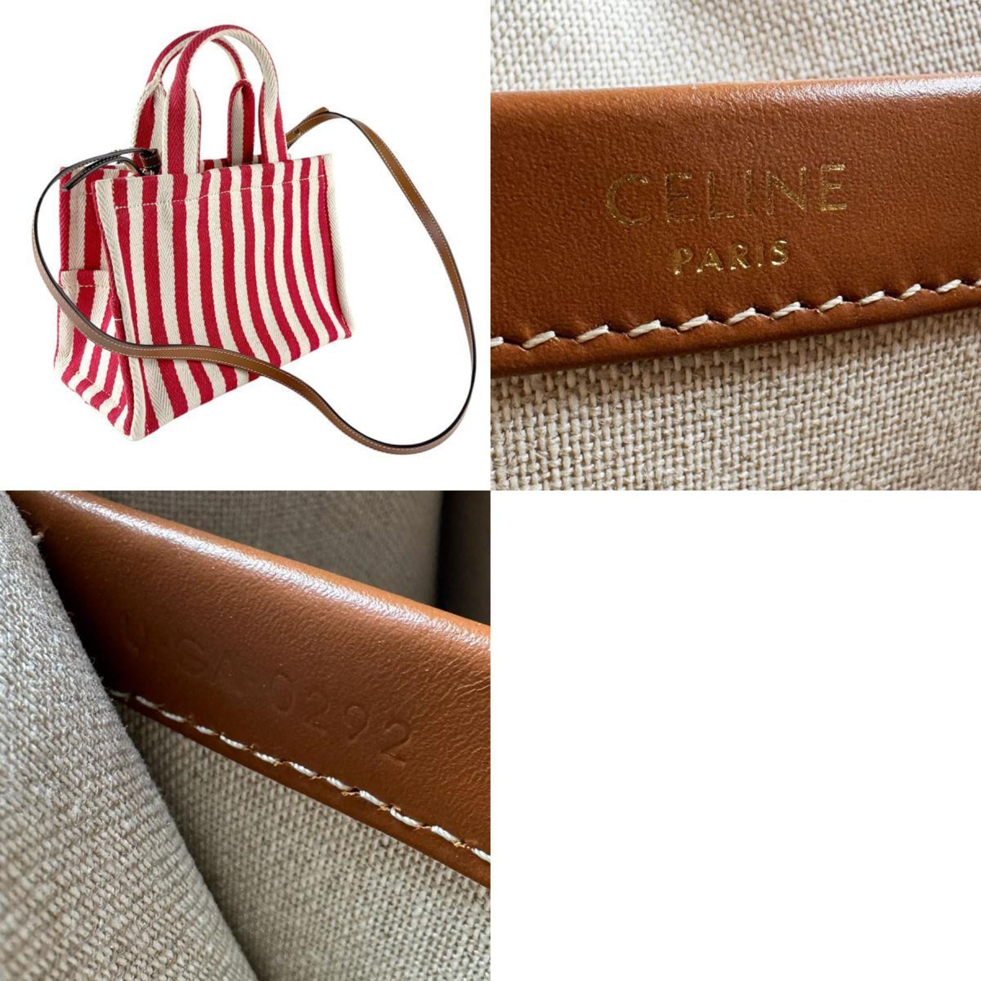 Celine Brown Ivory Red Color Canvas Leather Handbag Shoulder Bag (Pre-Owned)