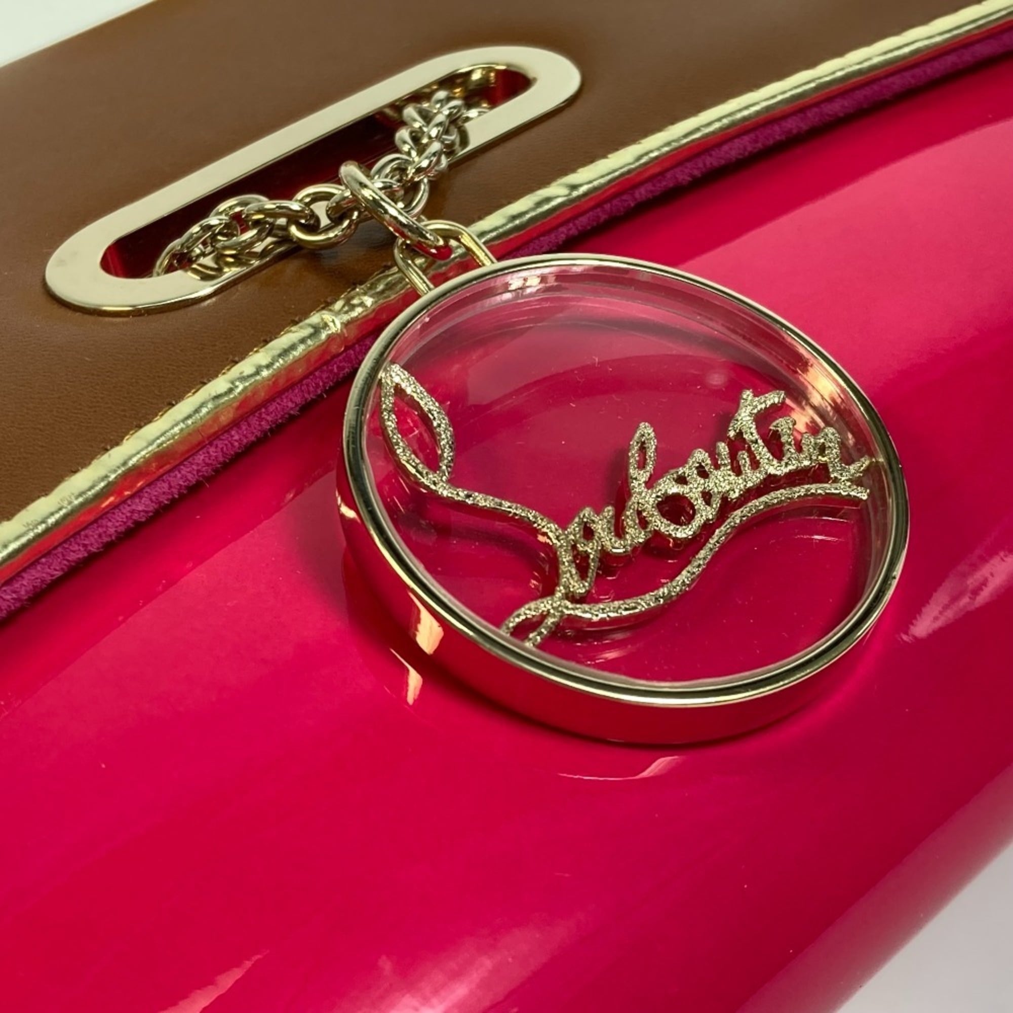 Christian Louboutin Brown Pink Patent Leather Suede Leather Clutch Bag Handbag (Pre-Owned)