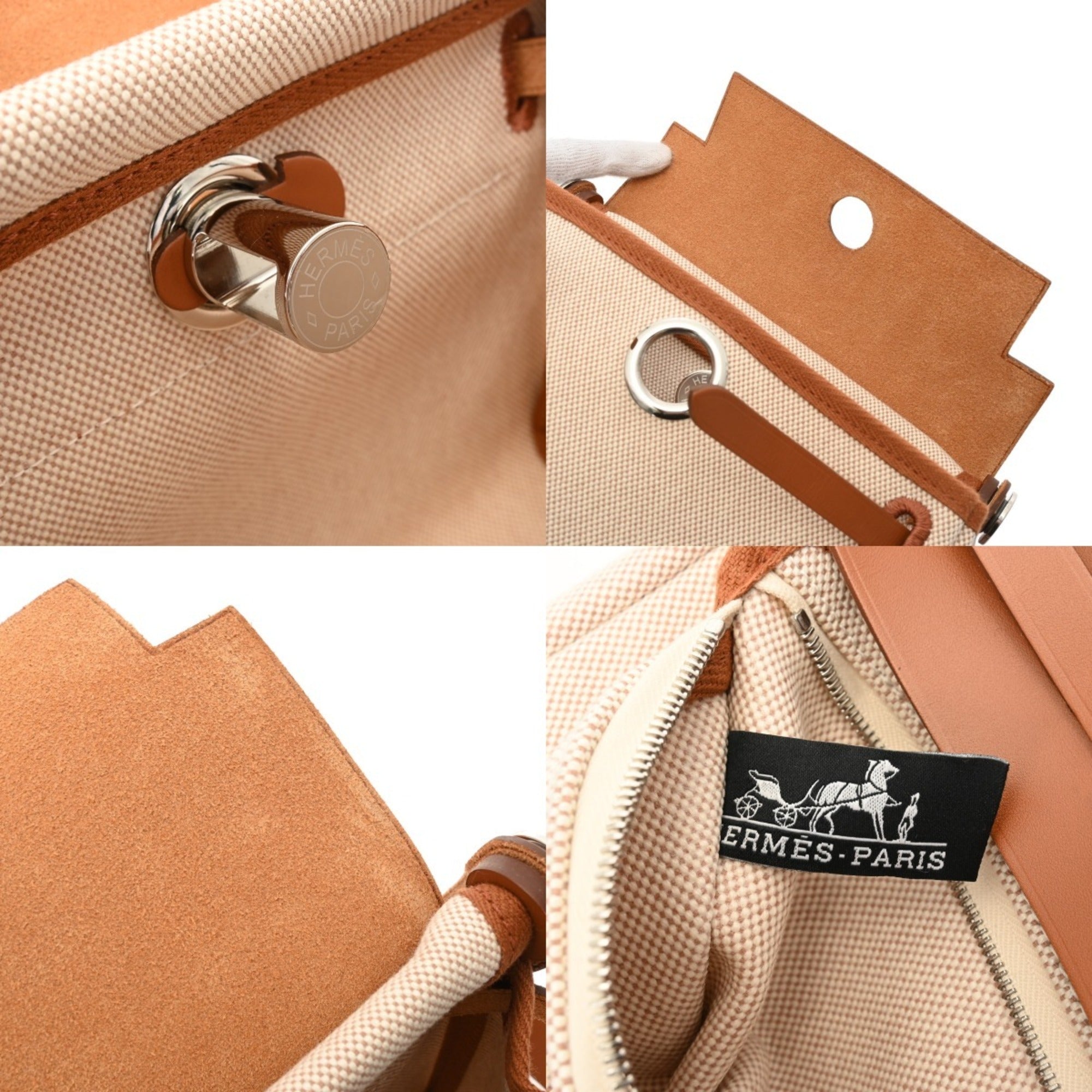 Hermes Ecru Fauve Leather Canvas Handbag (Pre-Owned)