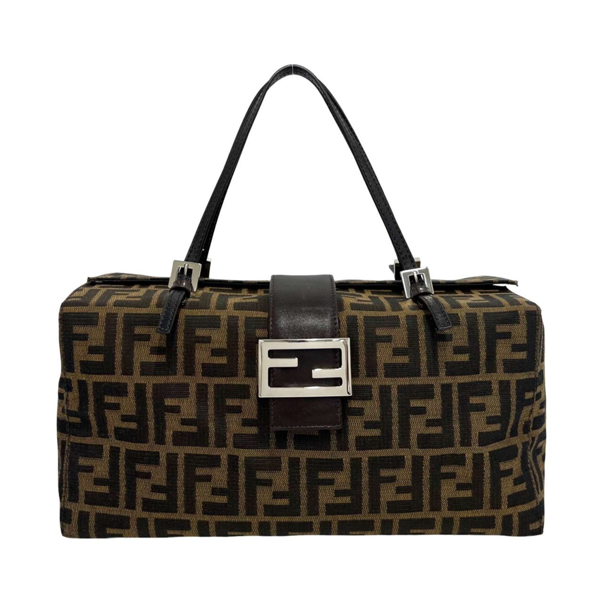 Fendi Black Brown Canvas Leather Boston Bag Handbag Tote Bag (Pre-Owned)