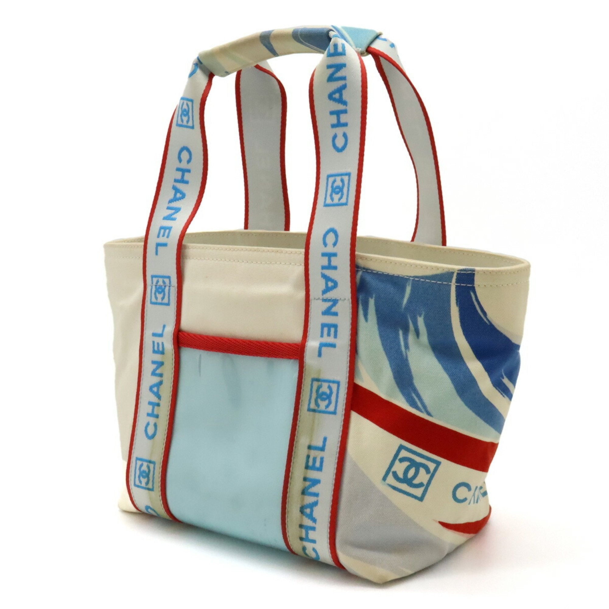 Chanel Ivory Light Blue Red Color Canvas Shoulder Bag Tote Bag (Pre-Owned)
