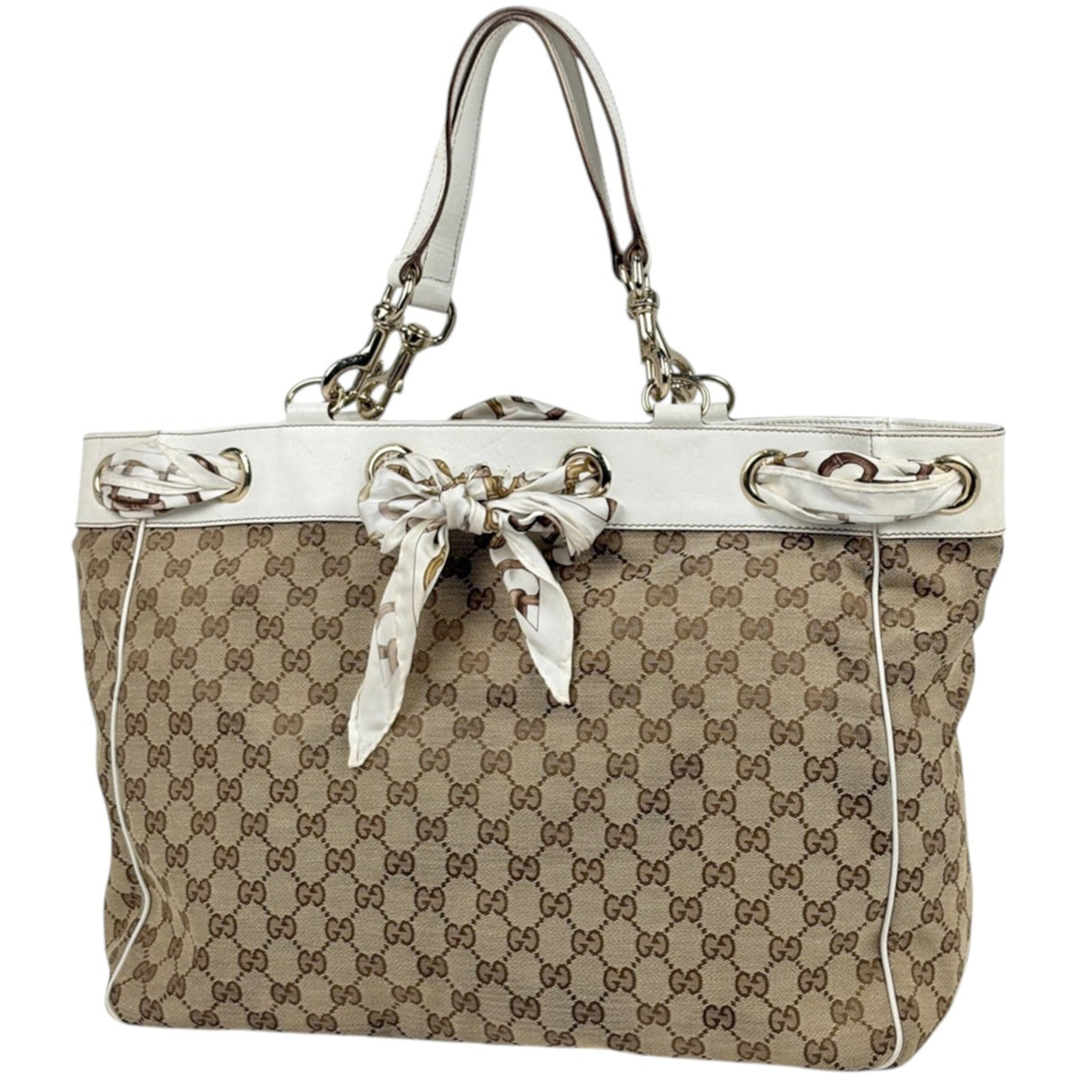 Gucci Beige White Gg Canvas Leather Tote Bag (Pre-Owned)