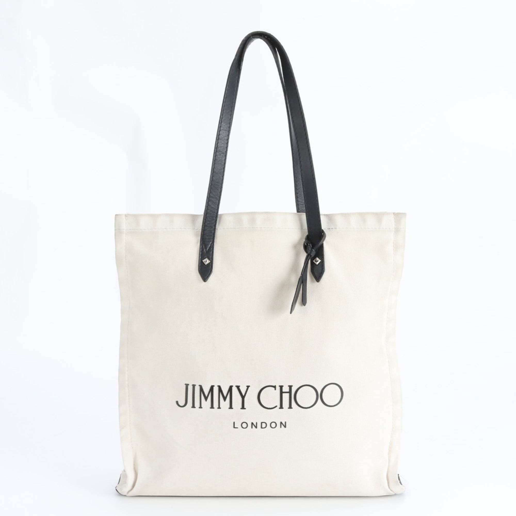 Jimmy Choo Black Off-White Leather Canvas Handbag Tote Bag (Pre-Owned)