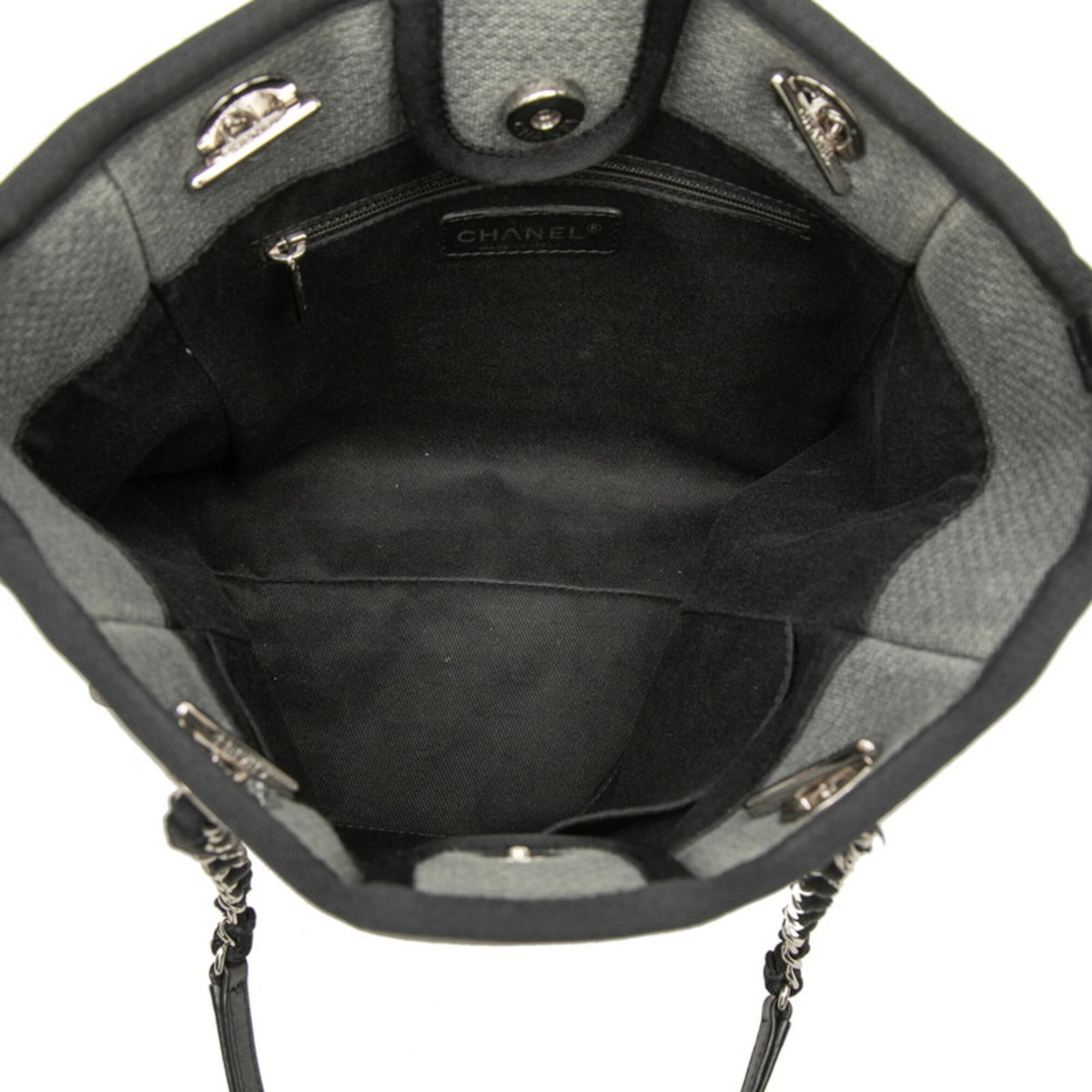 Chanel Black Gray Canvas Leather Shoulder Bag Tote Bag (Pre-Owned)