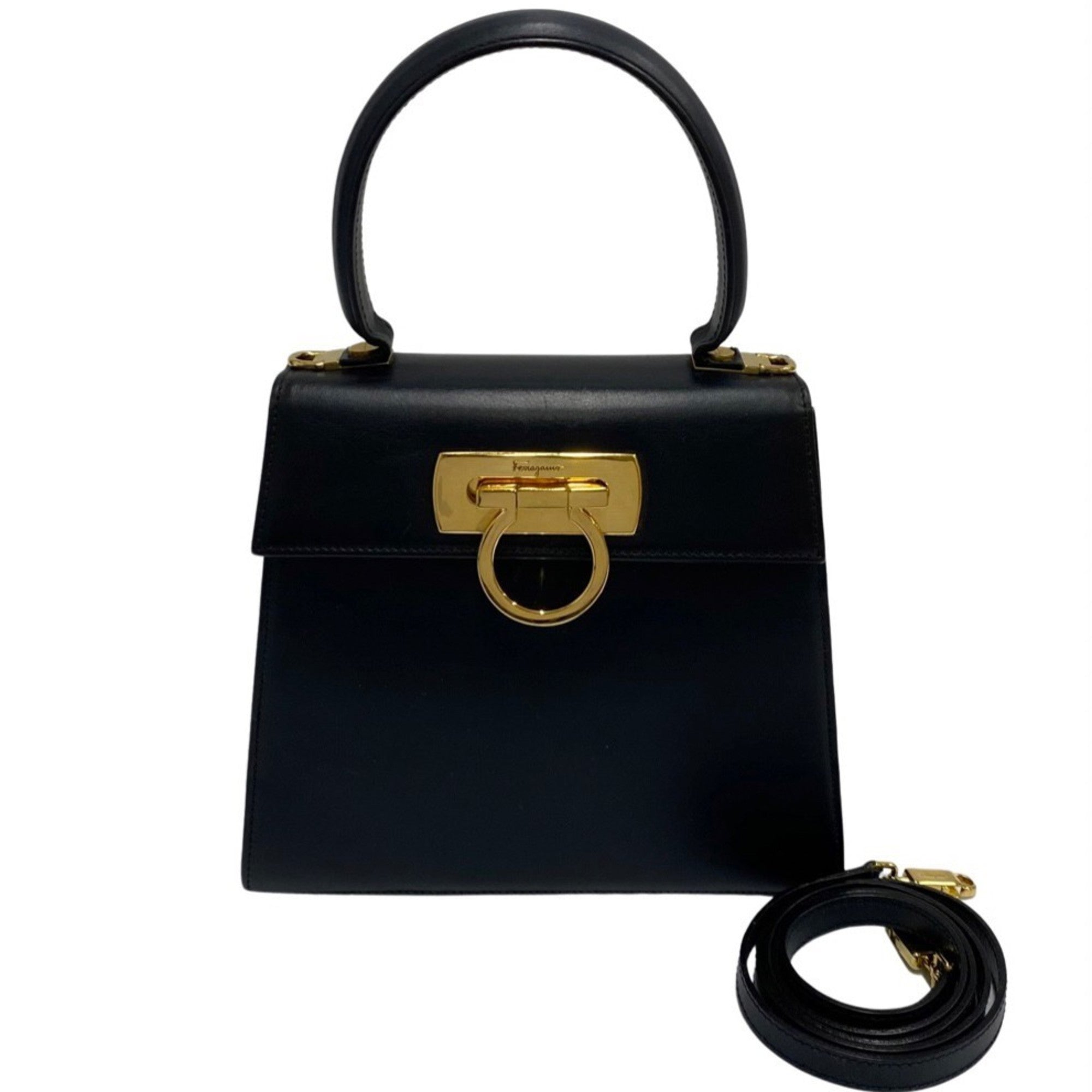 Salvatore Ferragamo Gancini Navy Leather Shoulder Bag (Pre-Owned)