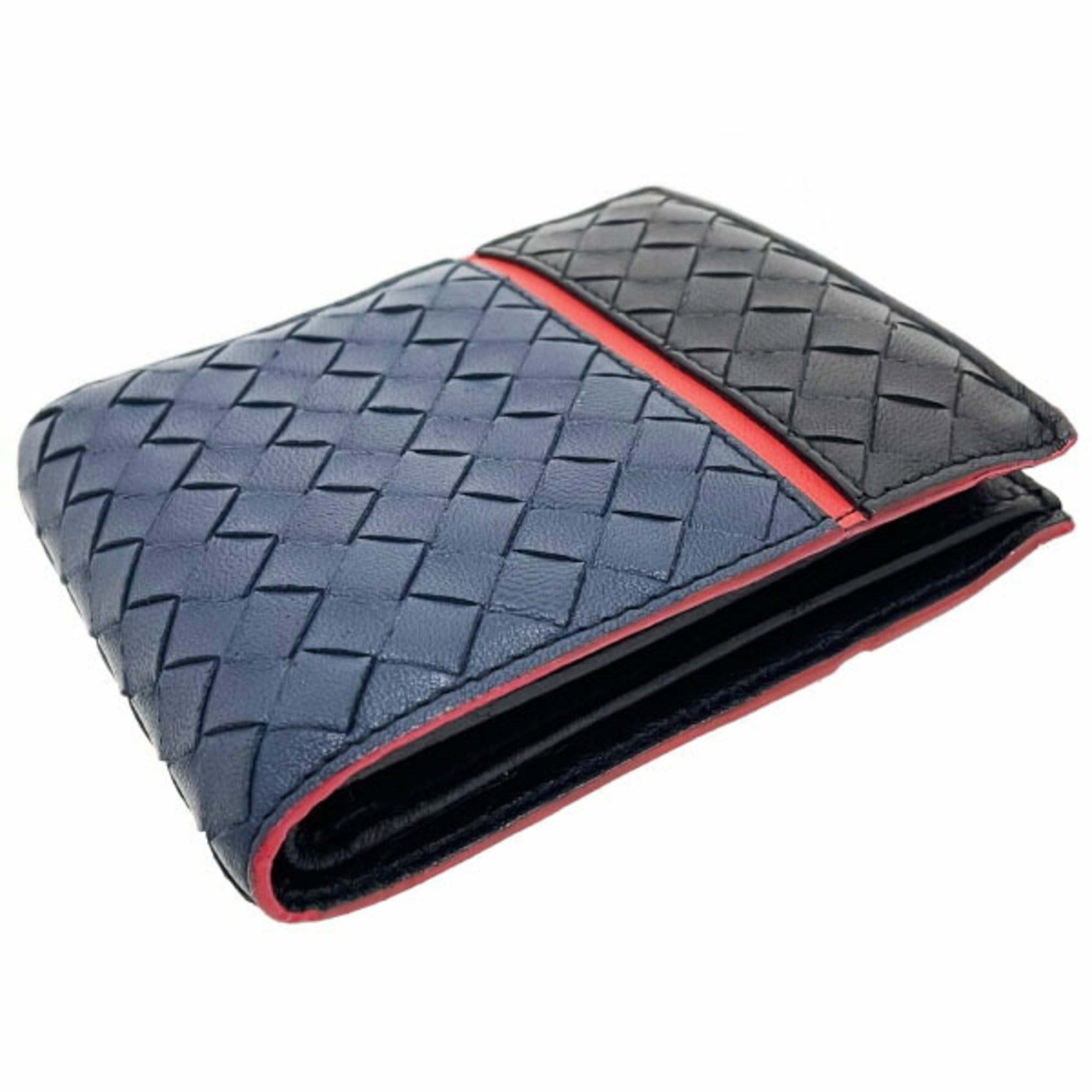 Bottega Veneta Intrecciato Black Navy Red Color Leather Wallet (Bi-Fold) (Pre-Owned)