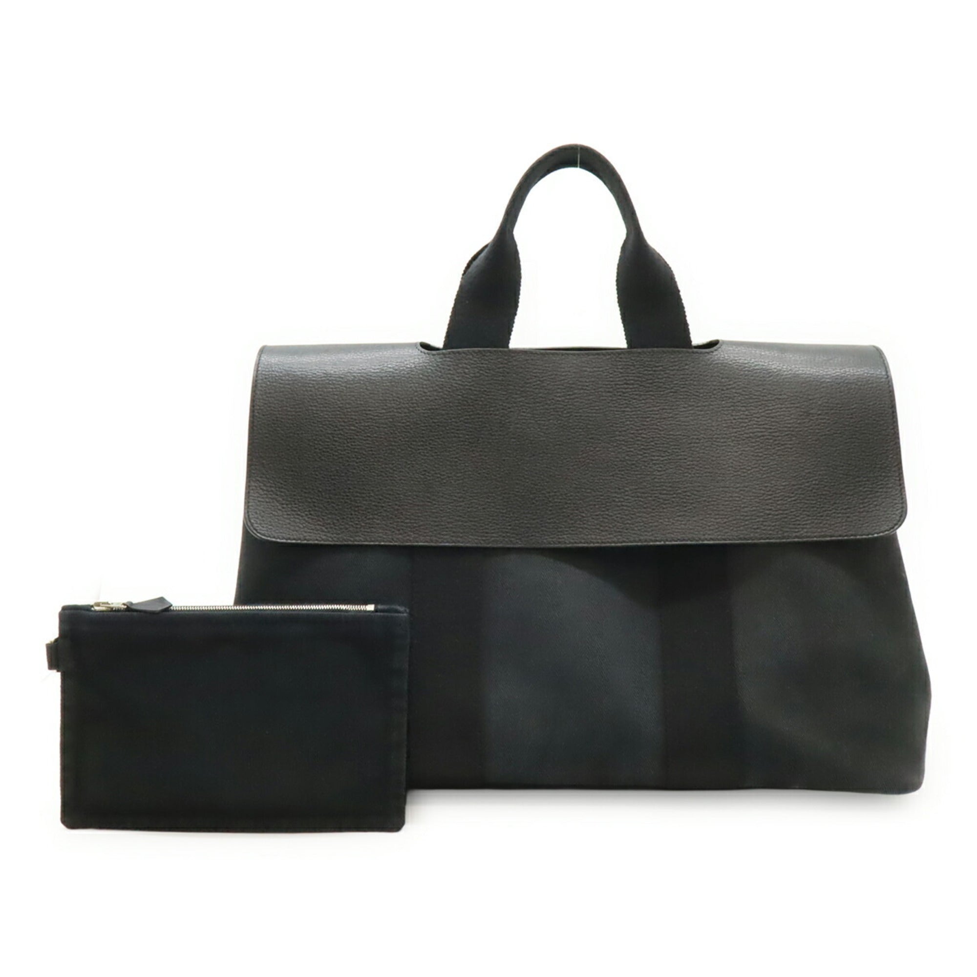 Hermes Valparaiso Black Toile Chevron Leather Handbag Tote Bag (Pre-Owned)