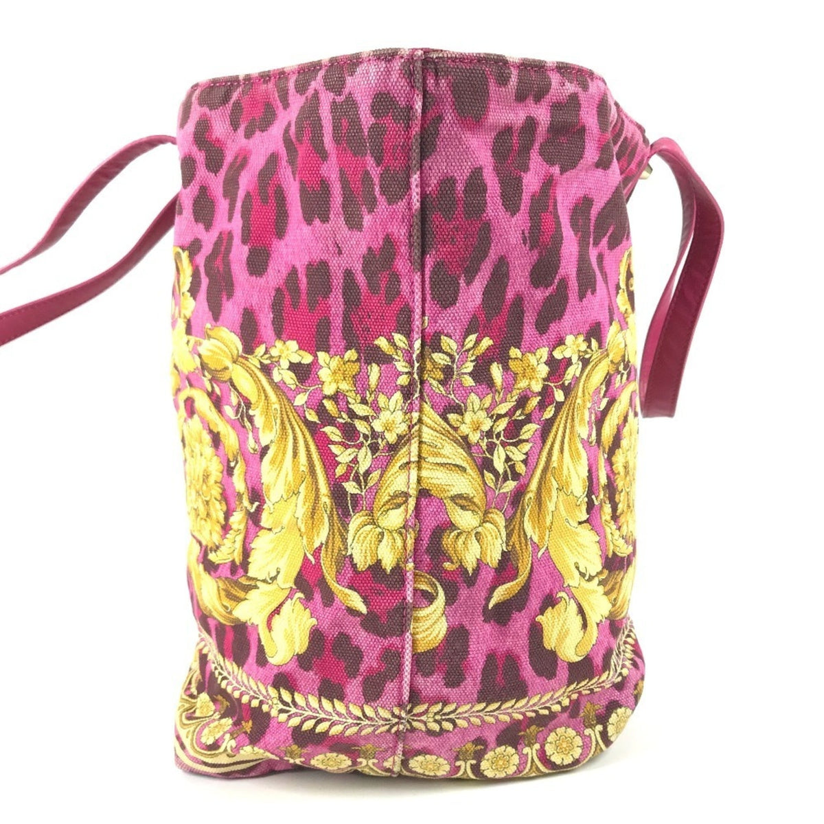 Versace Pink Yellow Leather Canvas Shoulder Bag Tote Bag (Pre-Owned)