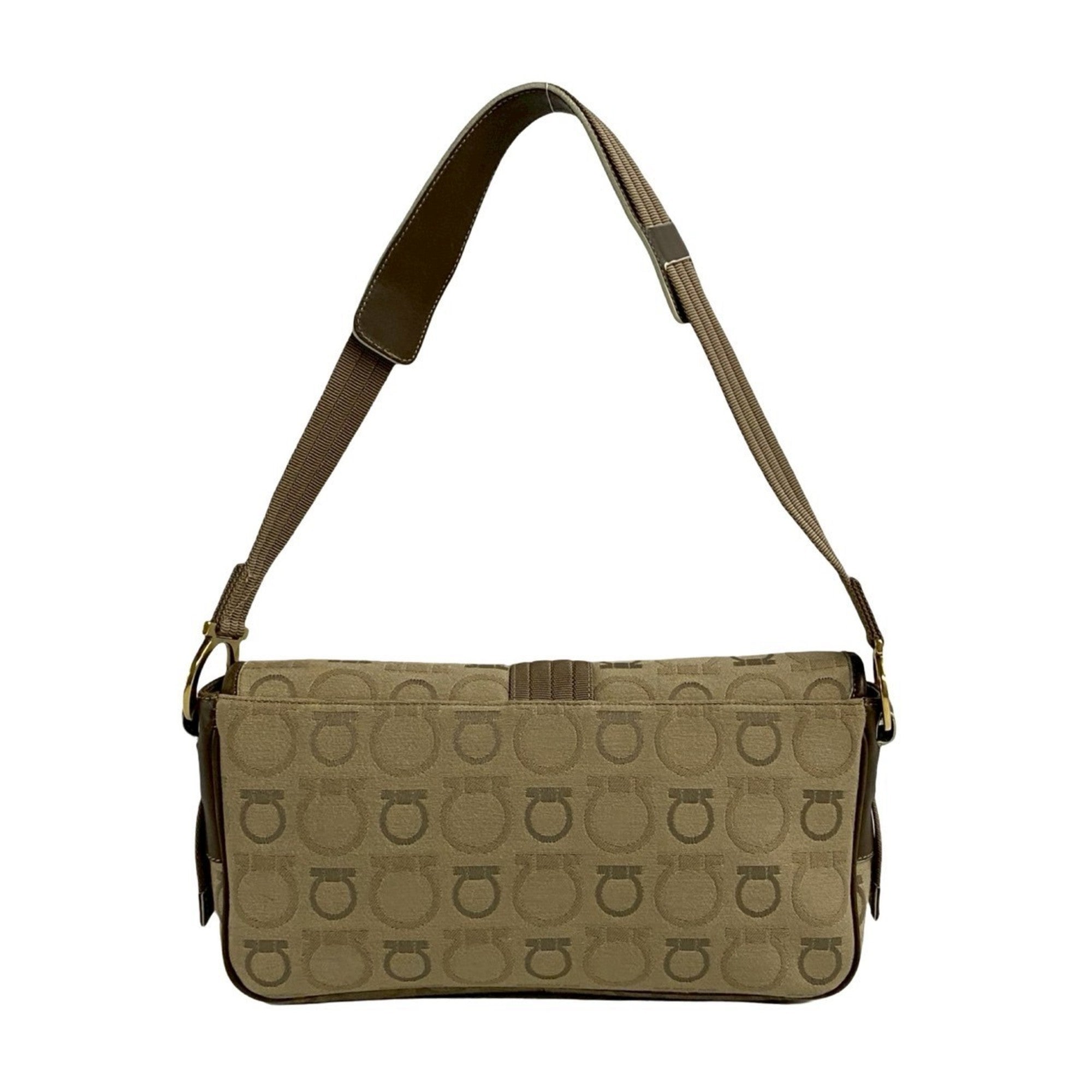 Salvatore Ferragamo Beige Brown Canvas Leather Shoulder Bag (Pre-Owned)